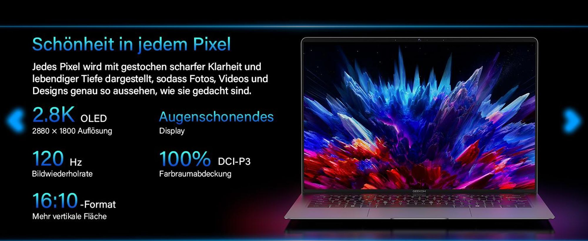 GEEKOM GeekBook X14 Pro Laptop, 999 g Ultraleicht, 14" 2.8K OLED, Ultra 9-185H, 32GB LPDDR5x RAM 7500MT/s, 1TB SSD, 2X USB4, Fingerprint & Webcam