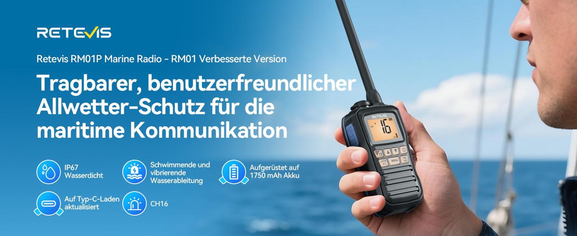 Retevis RM01P Seefunkgerät, Marine Radio, IP67, Schwimmende Vibration, 88 Kanäle,Typ-C, RM01 Verbesserte Version für Fischerboote und Transportschiffe