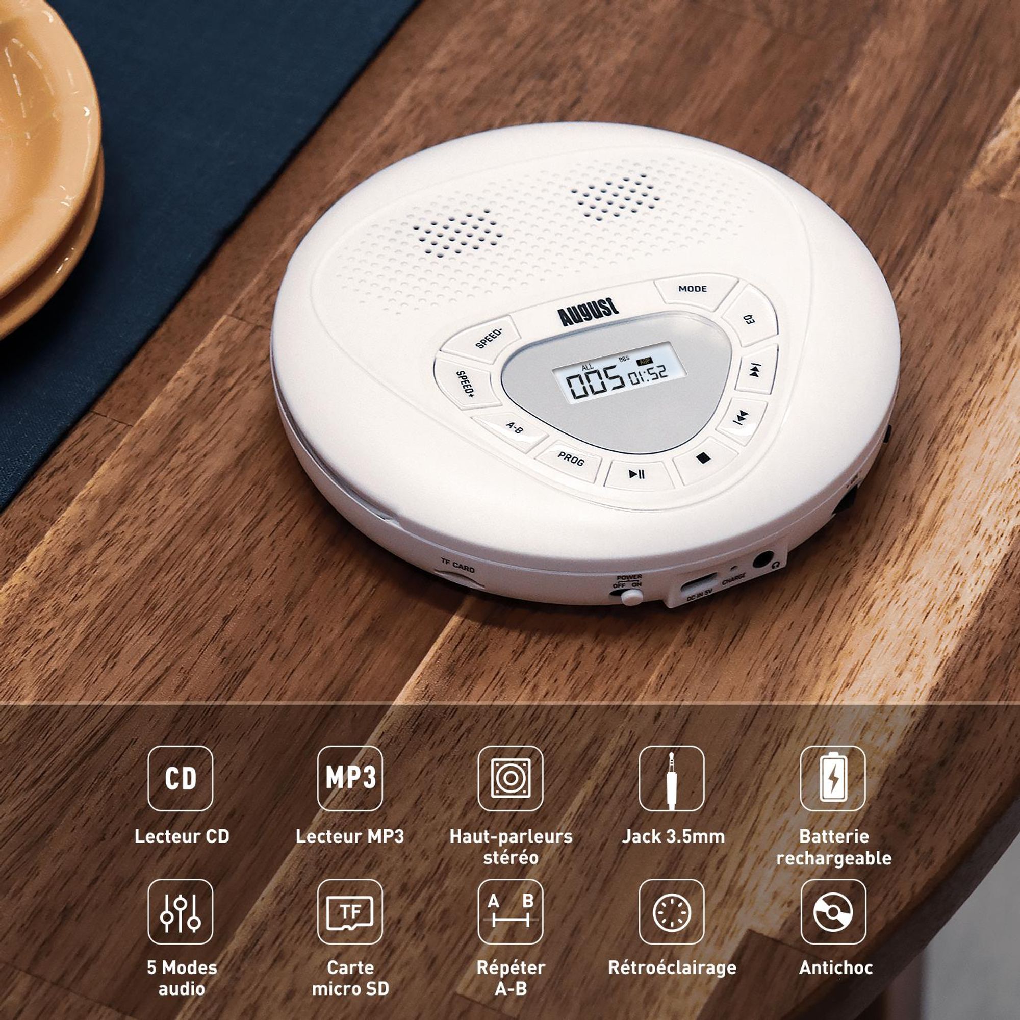 Lecteur CD portable avec haut-parleurs intégrés et prise AUX – August SE10W