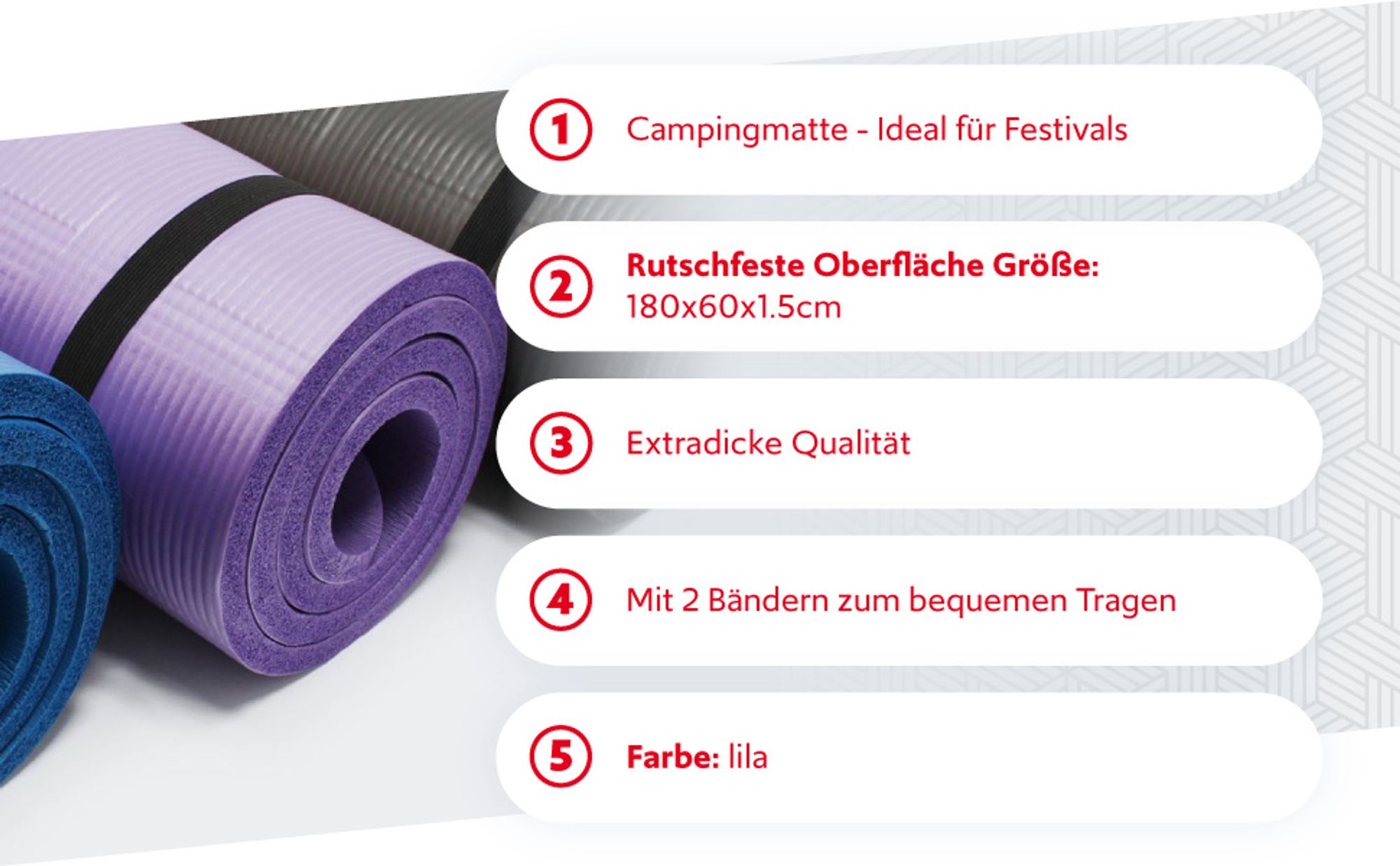 Wiltec Isomatte lila 180x60x1,5cm Schlafmatte für Camping und Festivals, extradicke Isoliermatte Camping rutschfeste Outdoor Isomatte zum Zelten