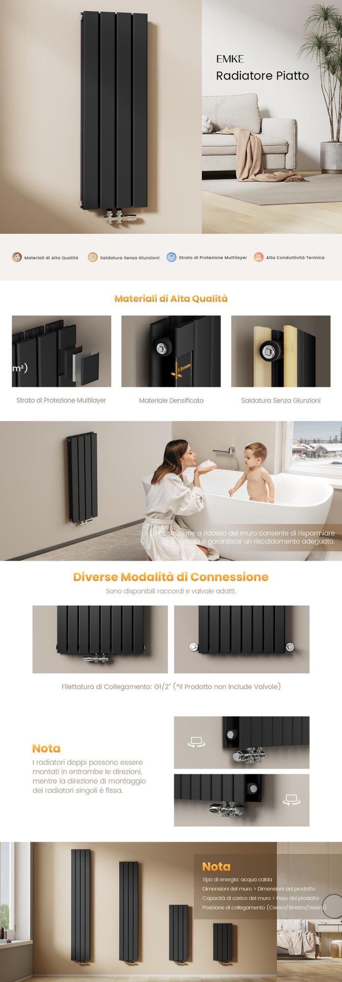 Radiatore EMKE piatto dal design compatto Radiatore a pannello verticale a doppio strato Attacco centrale 60x30 cm 384 W Nero Salvaspazio senza resistenza elettrica