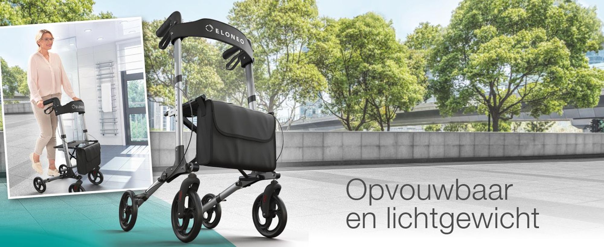 ELONEO inklapbare en lichte rollator met zitplaats, lichtgewicht reiskofferrolator van aluminium, loophulp met 8-voudige hoogteverstelling, inklapbaar in 3 standen