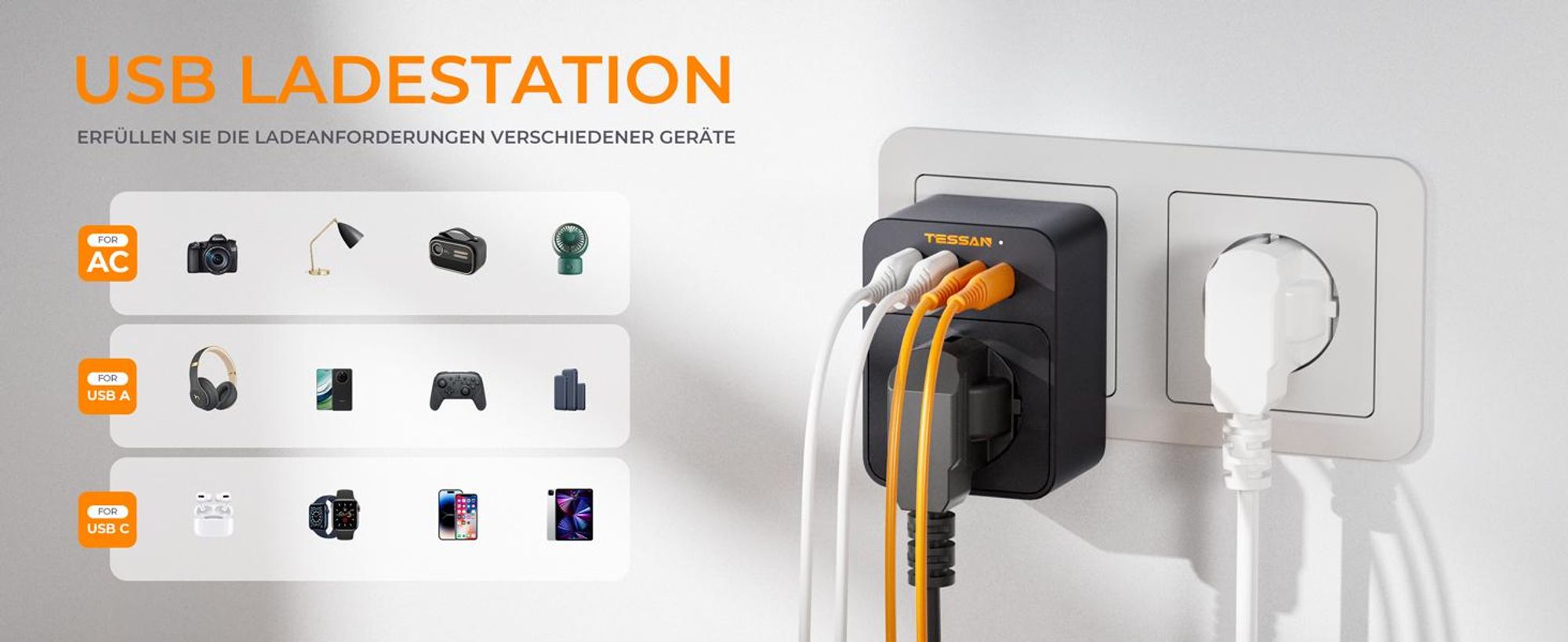 TESSAN Steckdose Schutzadapter 3600W mit 2 USB-C und 2 USB-A für Heimoffice kompakter Mehrfachadapter Stecker Schwarz