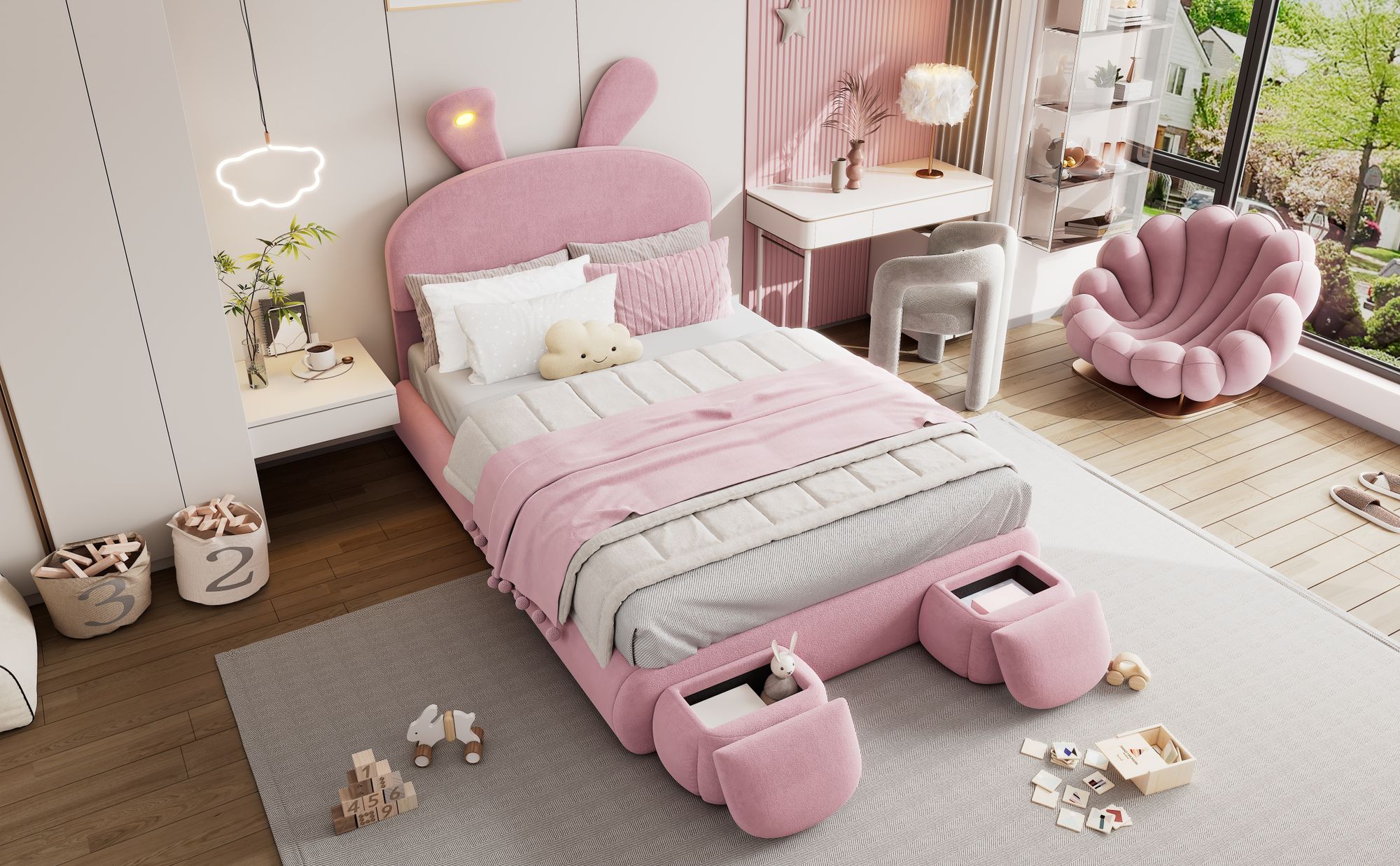 MODFU Kinderbett Polsterbett 140×200 cm mit warmfarbene LED-Licht, Jugendbett Doppelbett mit Kopfteil in Hasenohrenform und zwei Aufbewahrungshockern, Samt(Ohne Matratze), Boxspringbett Hydraulisches mit Bettkasten Stauraum, Samt Rosa