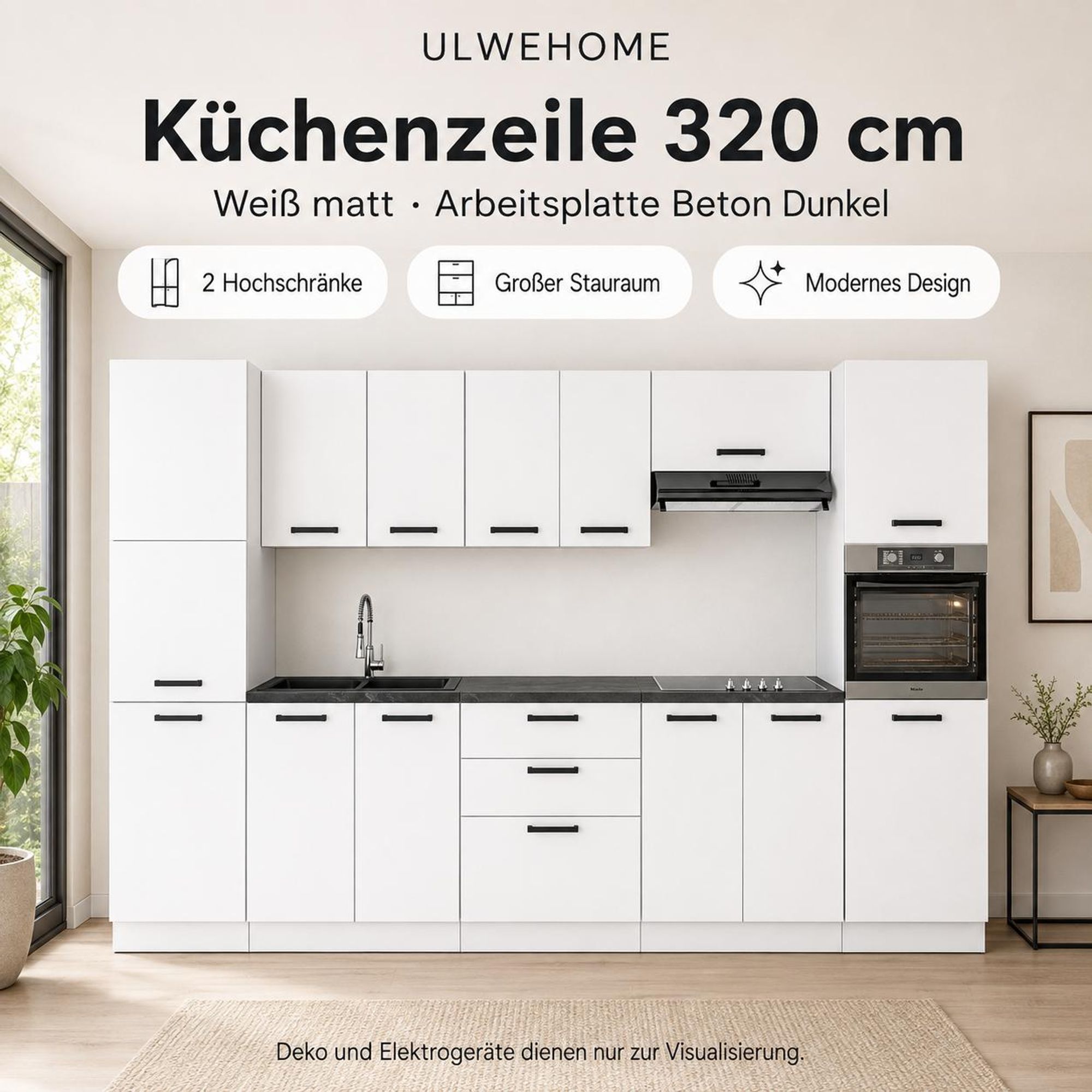 Moderne Küchenzeile 320 cm Weiß matt mit Arbeitsplatte Beton Dunkel