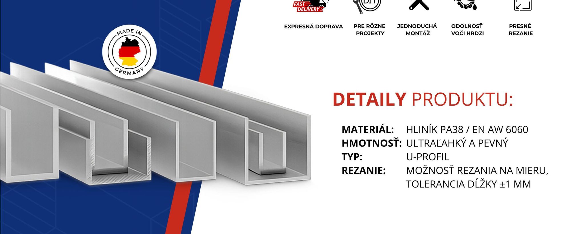 Hliníkový profil v tvare U 40x40x40x3 mm 200 cm PA38 hliník + rezanie na mieru