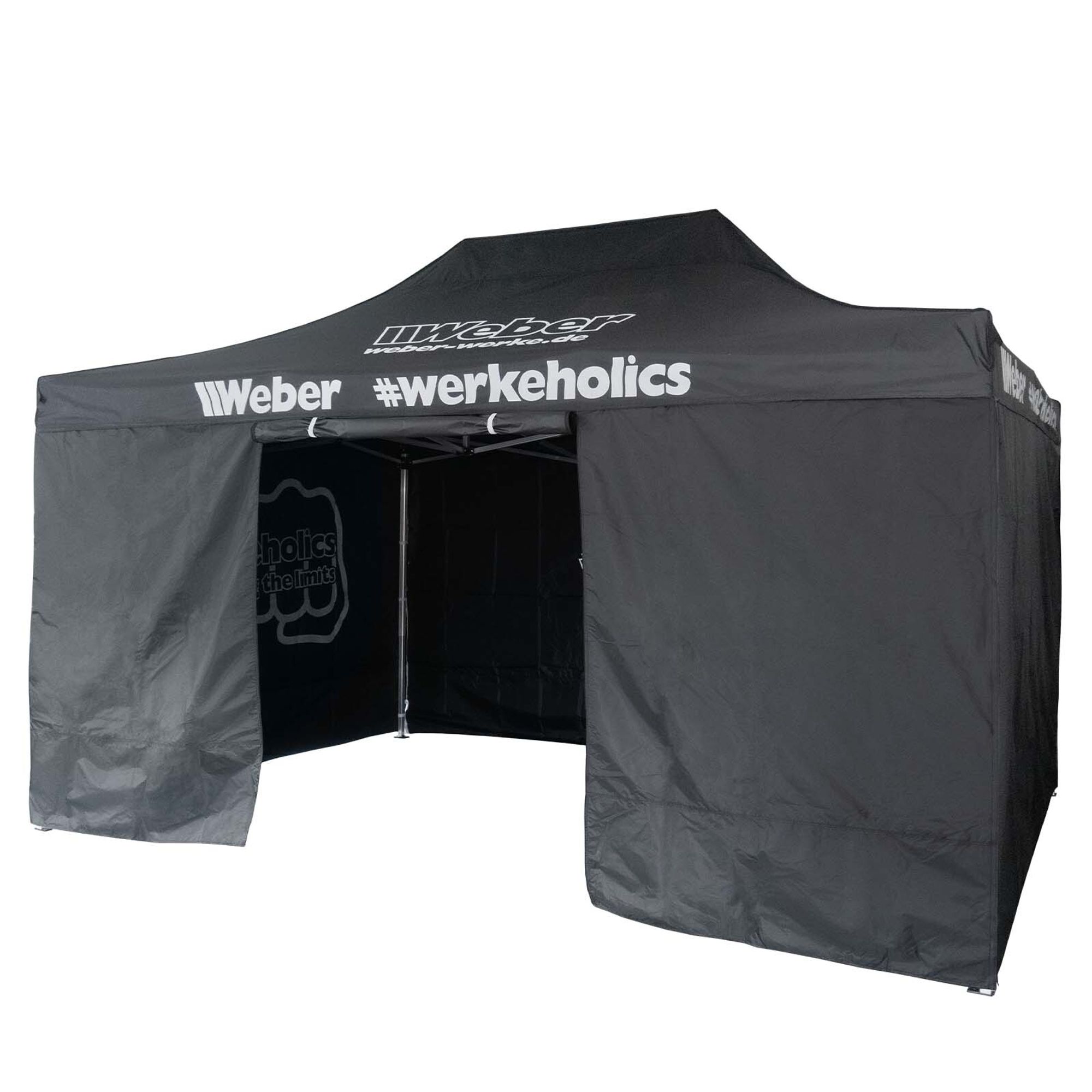 Weber-Werke Easy-Up Pavillon 3×4,5 m (Alu) inkl. 4 Seitenwände + Türöffnung | wetterfest & höhenverstellbar | tragbar + Tragetasche