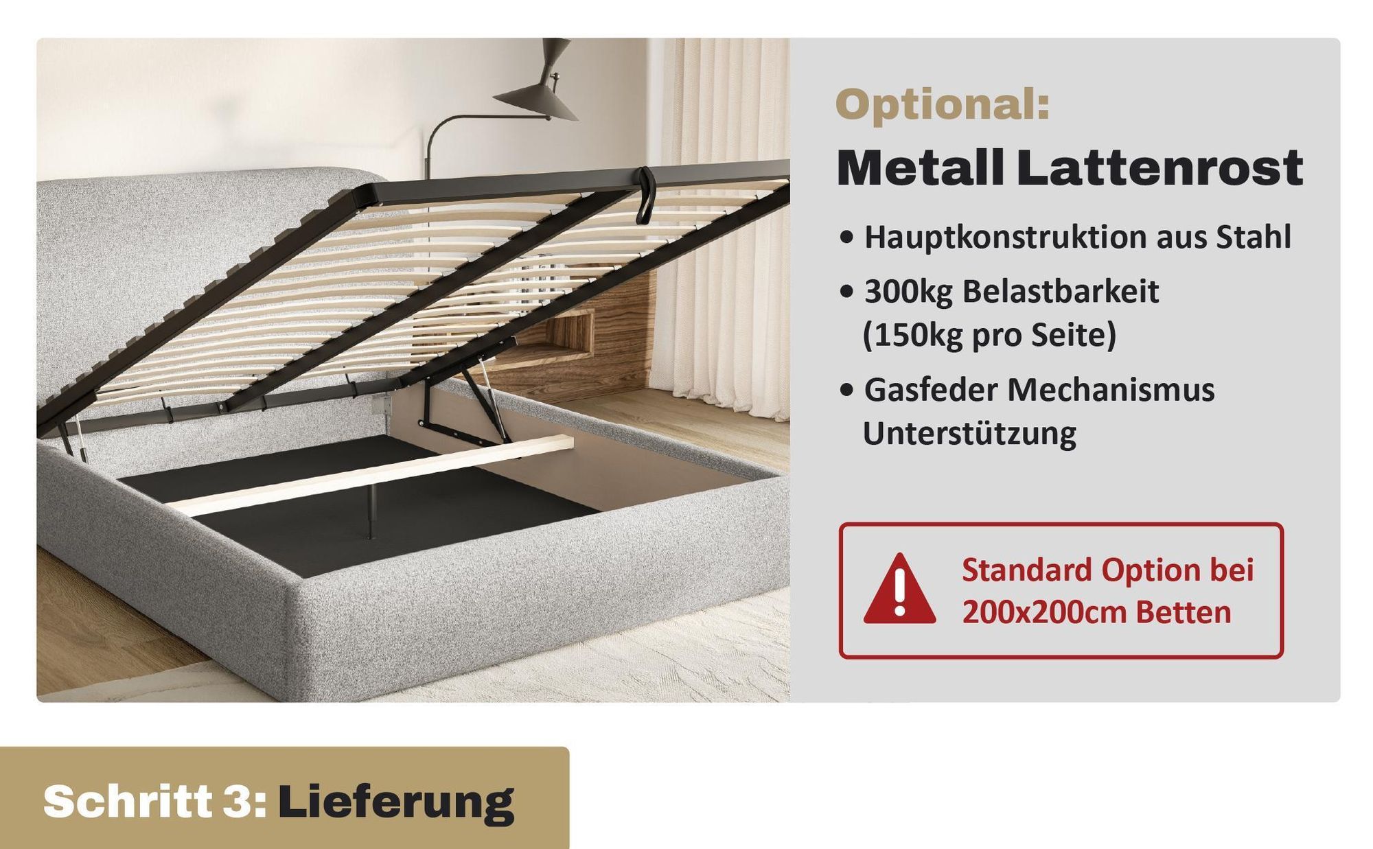 MOTIVENA Mono Polsterbett 180x200 mit Bettkasten, Holz Lattenrost, Bett 180x200 Beige Boucle (Catch Me 02)