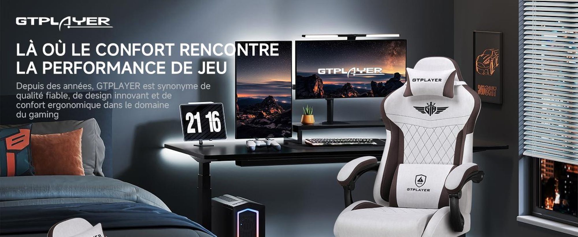 Chaise de jeu GTPLAYER, Chaise de jeu ergonomique en tissu avec soutien lombaire, Chaise PC avec dossier élargi, supporte jusqu'à 150 kg, marron