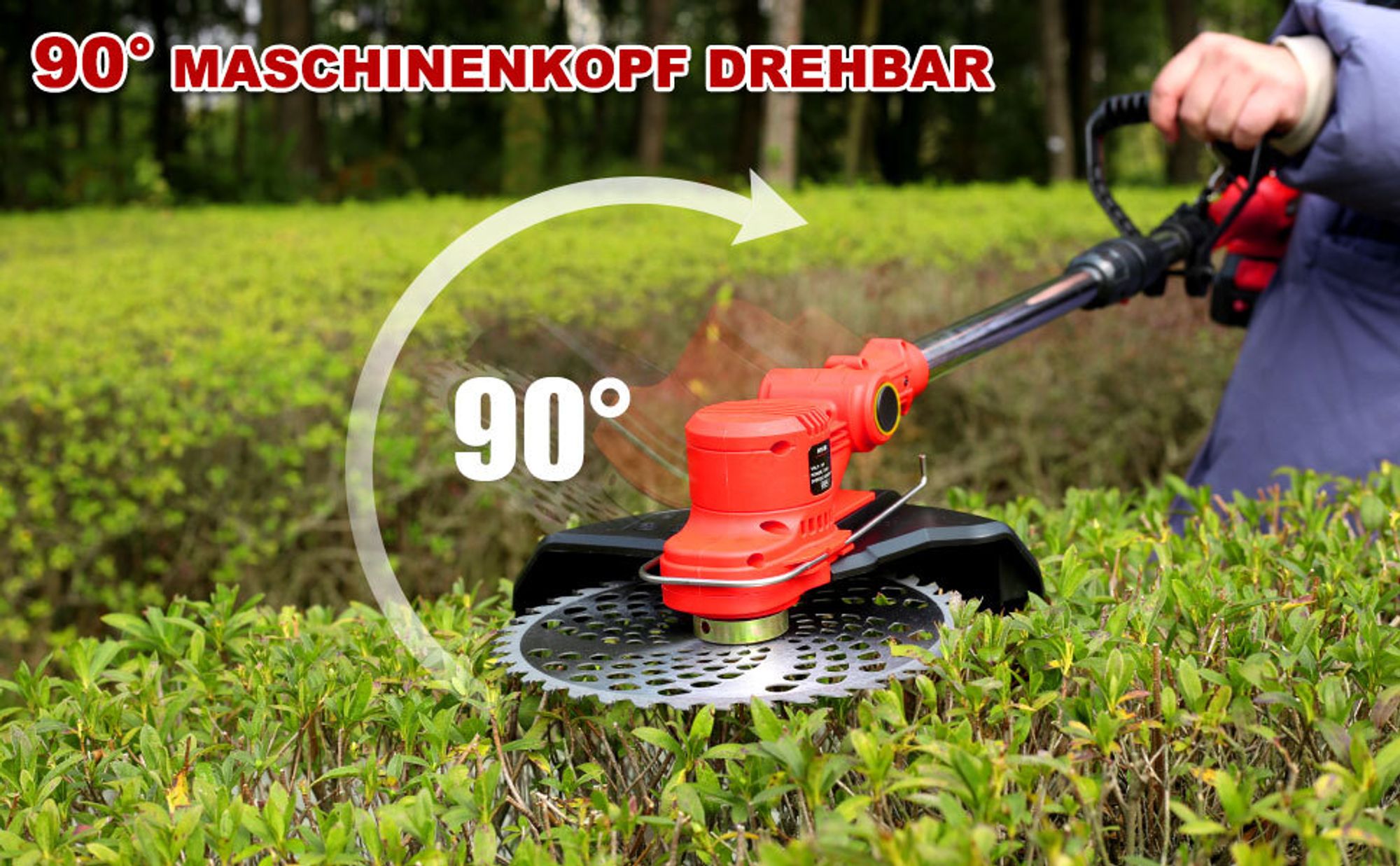 Akku Rasentrimmer mit 2× 4000mAh Akku 21V, 750W Bürstenloser Motor Rasentrimmer mit Unkrautbürste, Freischneider Akku & Ladegerät | Rot