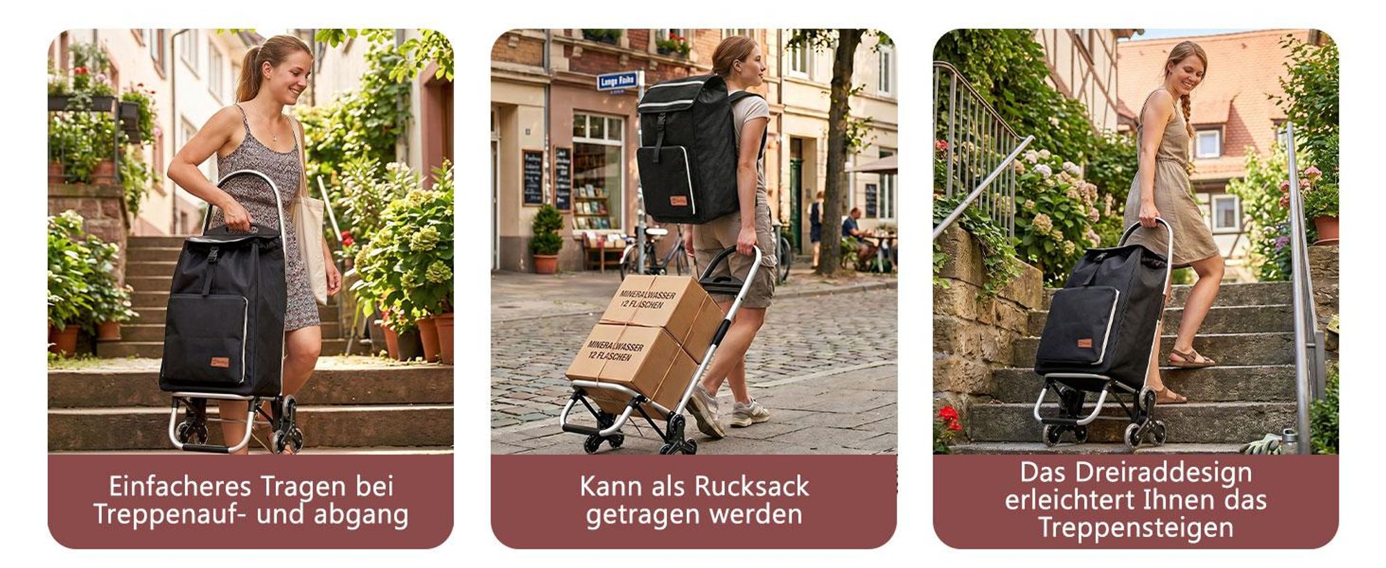 Sekey 3in1 Aluminium Trolley Faltbar Einkaufstrolley Klappbar, Shopping Trolley, 50L Rucksack, Kühlfach, Treppensteiger - Schwarz