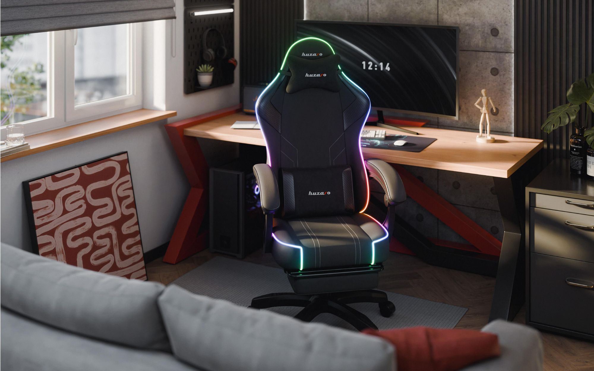 Huzaro Force 3.7 RGB Black Gaming-Stuhl mit ergonomischem Design, verstellbarem Armlehnen und hochbelastbarem Stoff
