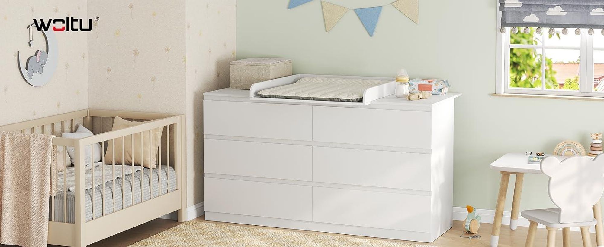 WOLTU Wickelaufsatz, Wickeltischaufsatz universal für Kommode (Tiefe: 47-50 cm), mit Schutzrand, aus MDF, 160 x 10 x 80 cm, Weiß (80 x 80 cm für Baby)