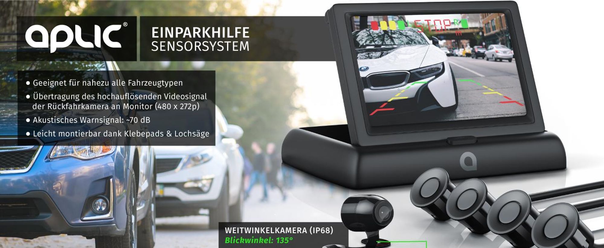 Aplic Einparkhilfe mit Rückfahrkamera und 4,3 Zoll Monitor, Übersicht Sensorsystem