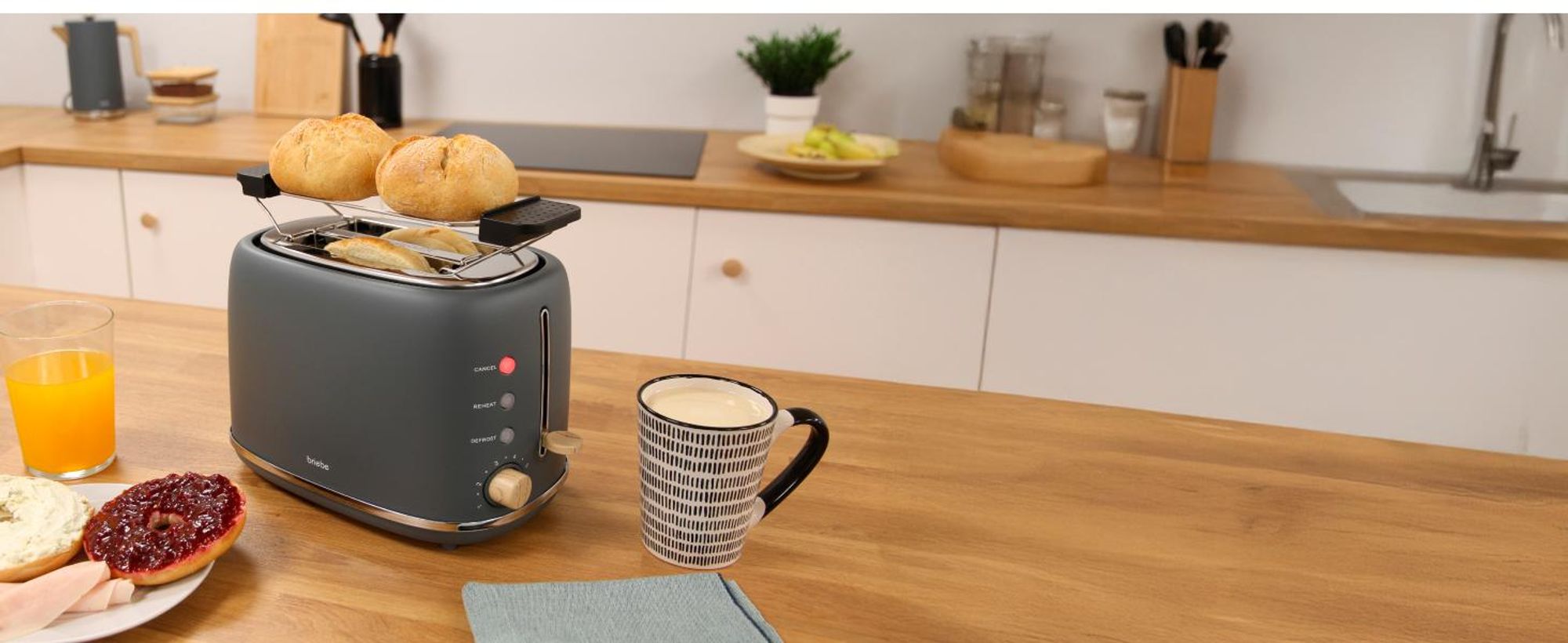 Briebe SKT1177GRY Nordic Set Toaster 2 Scheiben Breite Schlitze + Wasserkessel Induktion 2,3 L Grau