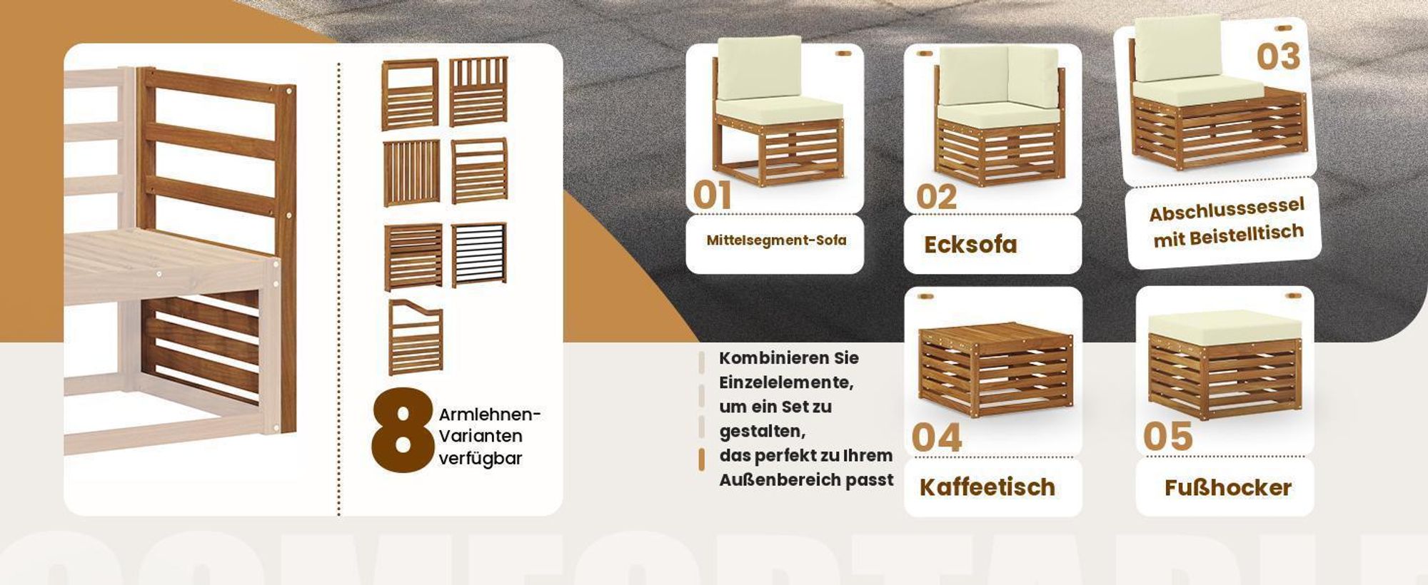 vidaXL Outdoor-Sofagarnitur mit Kissen 5 pcs Natur und Creme