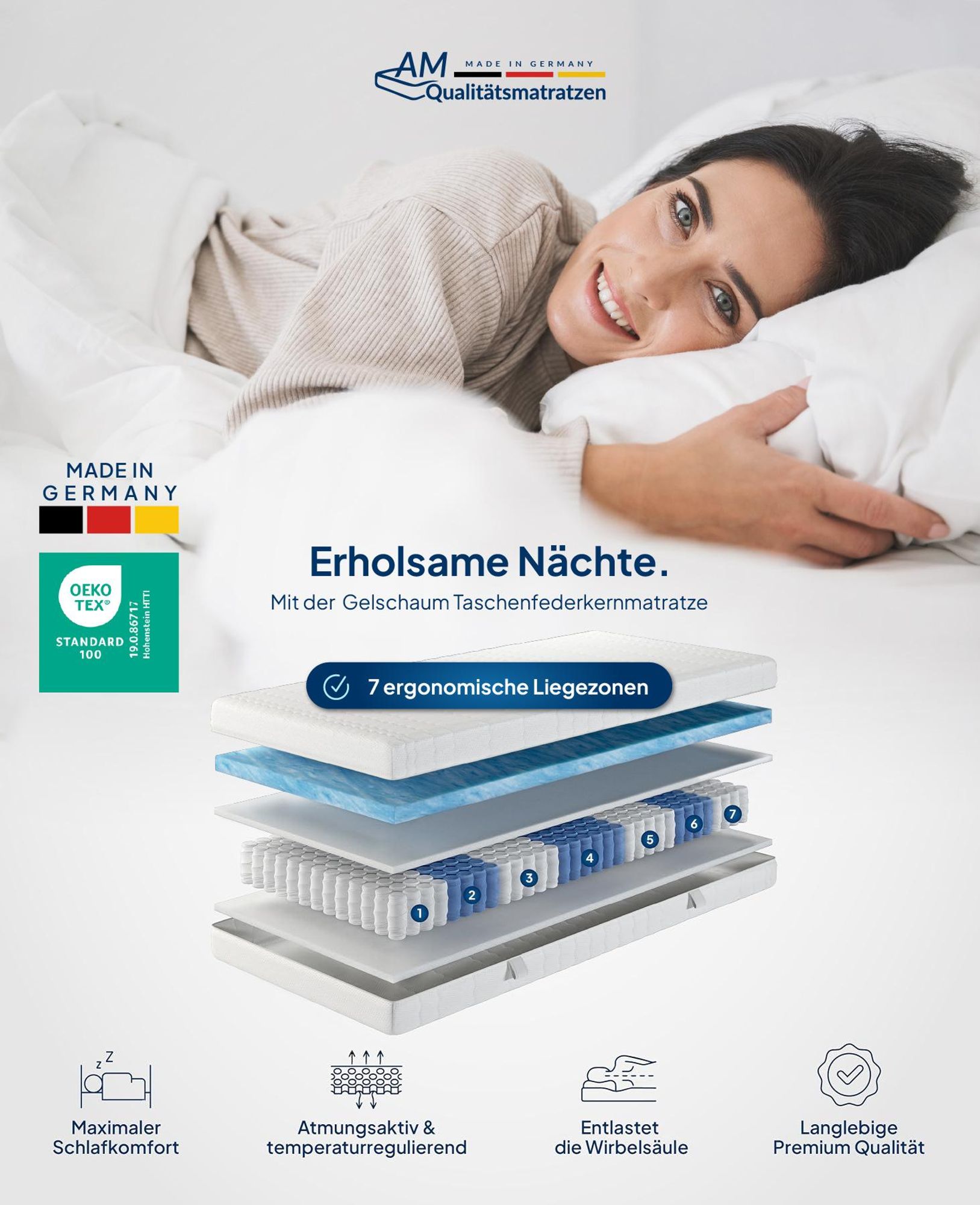 AM Qualitätsmatratzen | Premium Gelschaum-Taschenfederkernmatratze - 160x200 cm - H3 - 1000 Federn