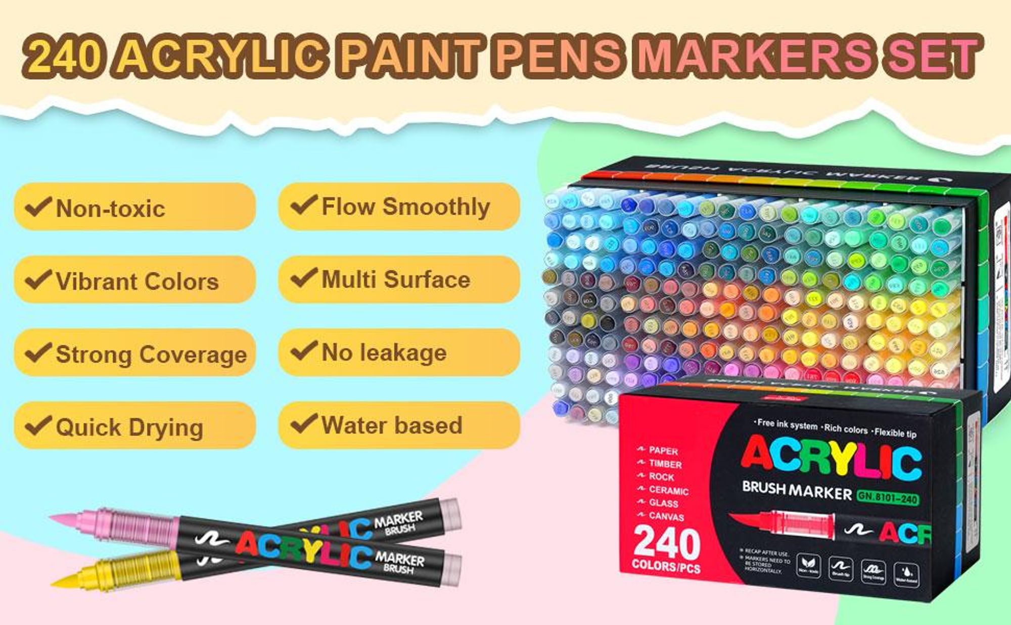 Acrylstifte, 240 Farben Graffiti-Skizzenstifte, Markerstifte, Permanent Acrylic Marker, Pinselspitze Acrylstifte für Holz, Leinwand, Stoff, Glas