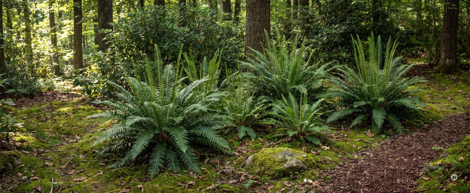 Schattiger Waldgarten unter Laubbäumen und Rhododendren