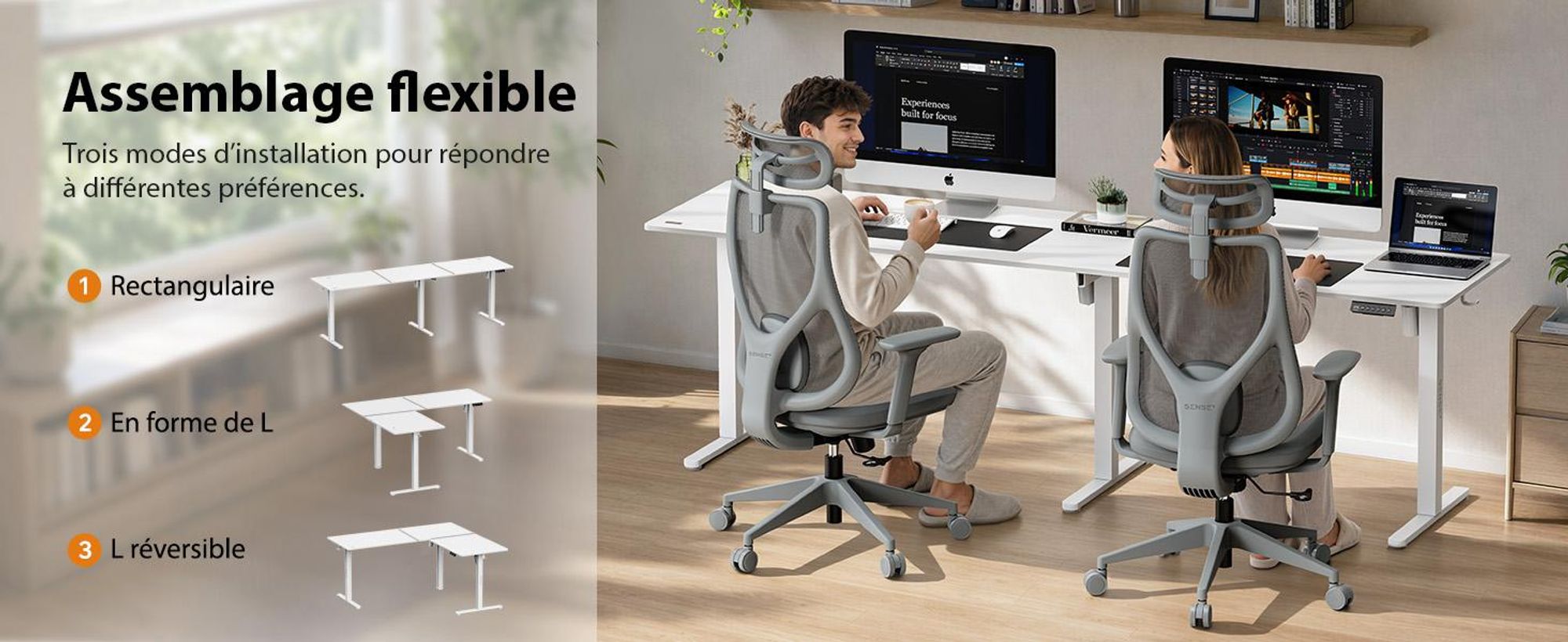Bureau d'angle SENSE7 NOJO Light Corner, électrique, réglable en hauteur, 160x140, en forme de L, bureau debout à double moteur, structure blanche avec fonction mémoire, bureau pour ordinateur
