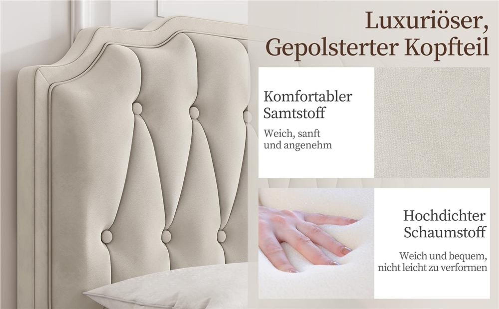 Yaheetech Polsterbett mit höhenverstellbarem Kopfteil Doppelbett 160×200cm Stoffbett Jugendbett Gepolstertes Bett Bettrahmen mit Lattenrost Beige