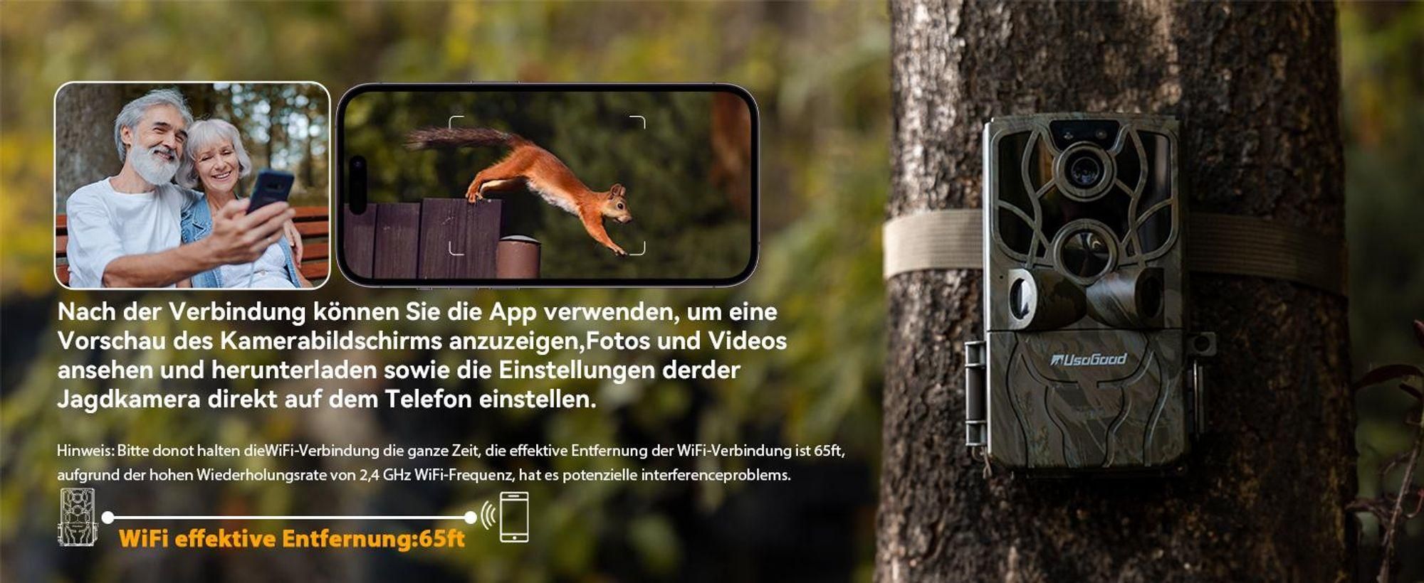 Usogood Wildkamera mit Handyübertragung APP, 4K 48MP WLAN Bluetooth wildtierkamera mit Bewegungsmelder Nachtsicht, 32GB