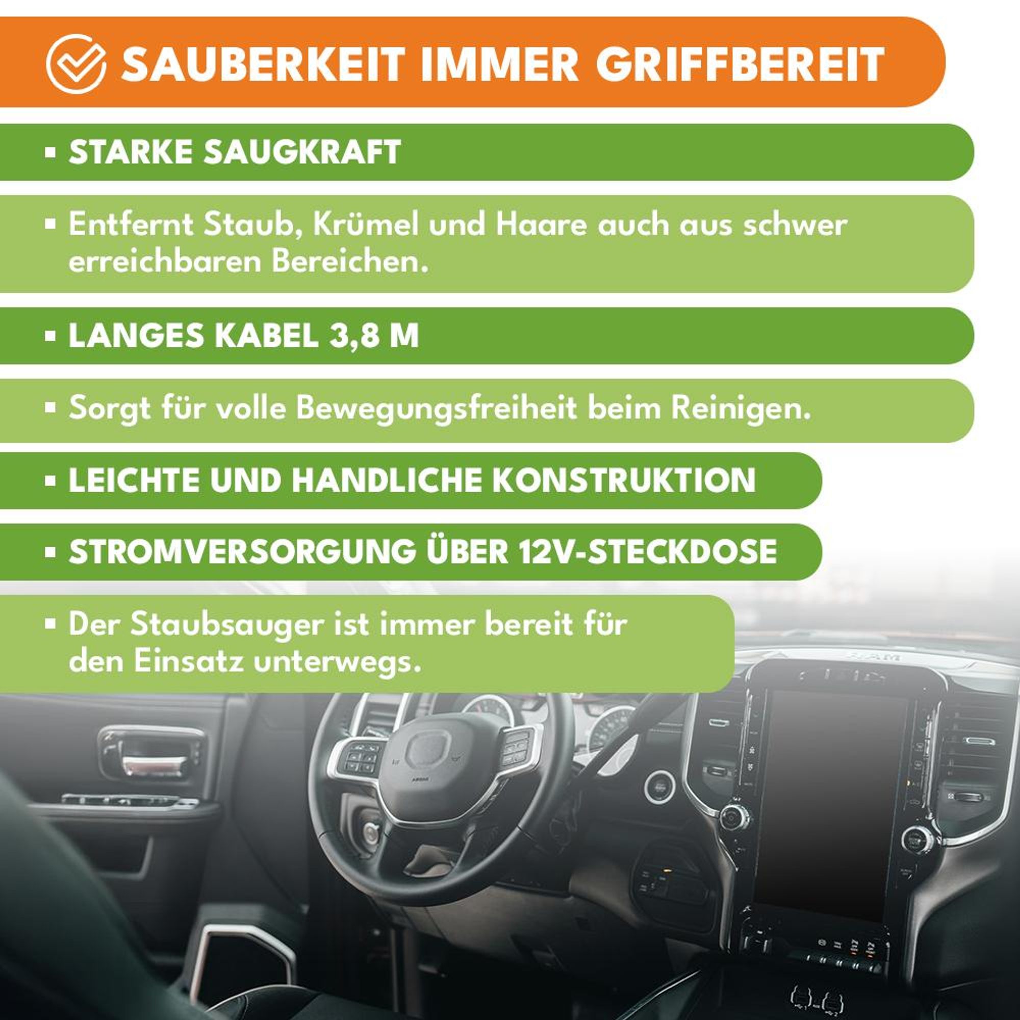 KRUMAD Auto Staubsauger 12V 120W – Beutelloser Handstaubsauger mit 5m Kabel & Zigarettenanzünder – Mini Staubsauger fürs Auto
