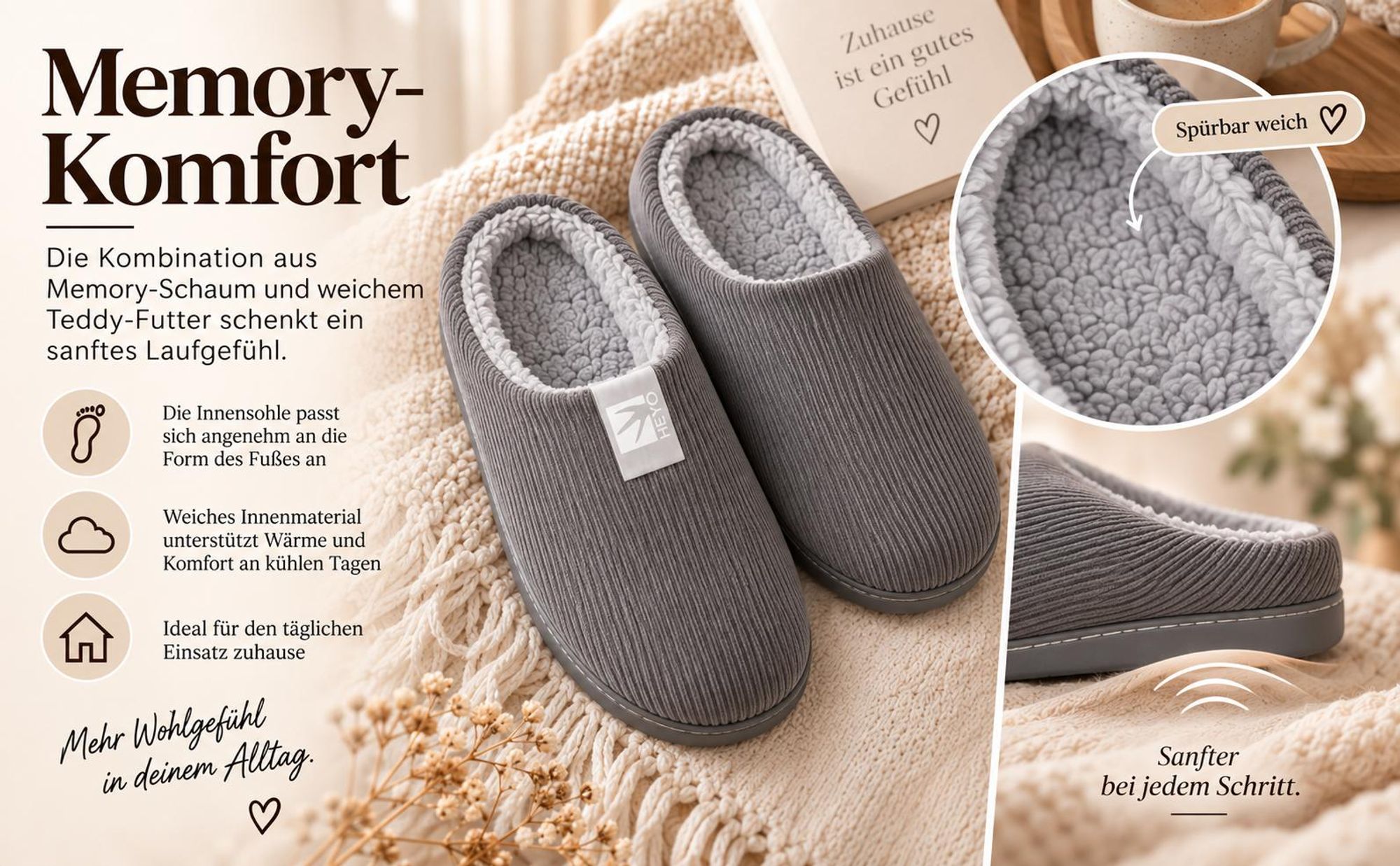 Uni Premium Cord Hausschuhe HEYO Pantoffeln Memory-Foam Teddy-Futter Slippers 40/41