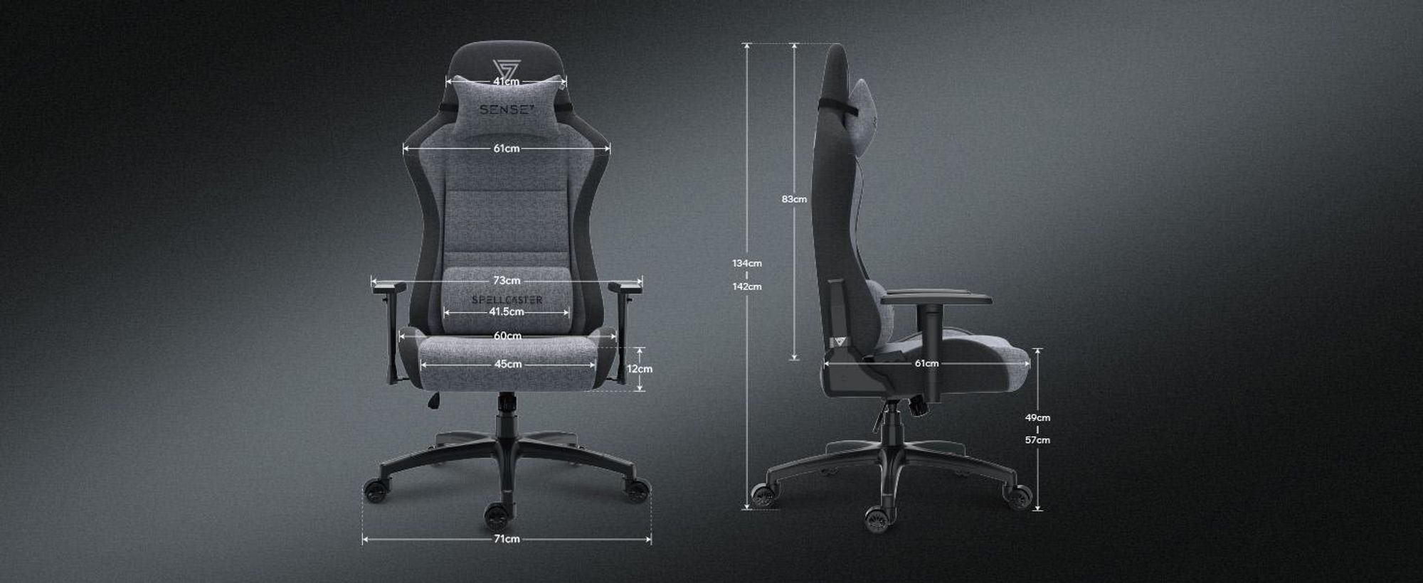 Herní židle SENSE7 Spellcaster FUKU XL, látka, šedá a černá – ergonomická kancelářská židle, nosnost až 160 kg, funkce naklánění, kolečka na tvrdou podlahu