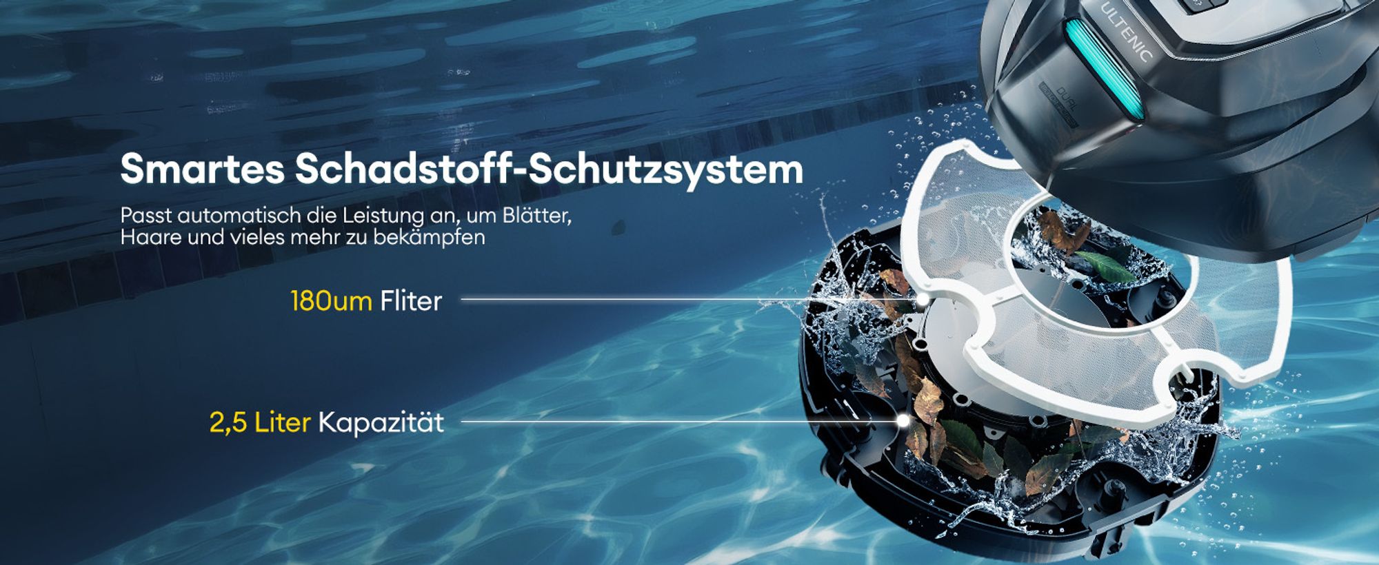 Ultenic Pooleco Poolroboter, Kabelloser Poolsauger Akku, 5200mAh, 90 Min, 2 Bürstenlose Motoren，Automatische Reinigung,2.5L Behälter,Selbstparker