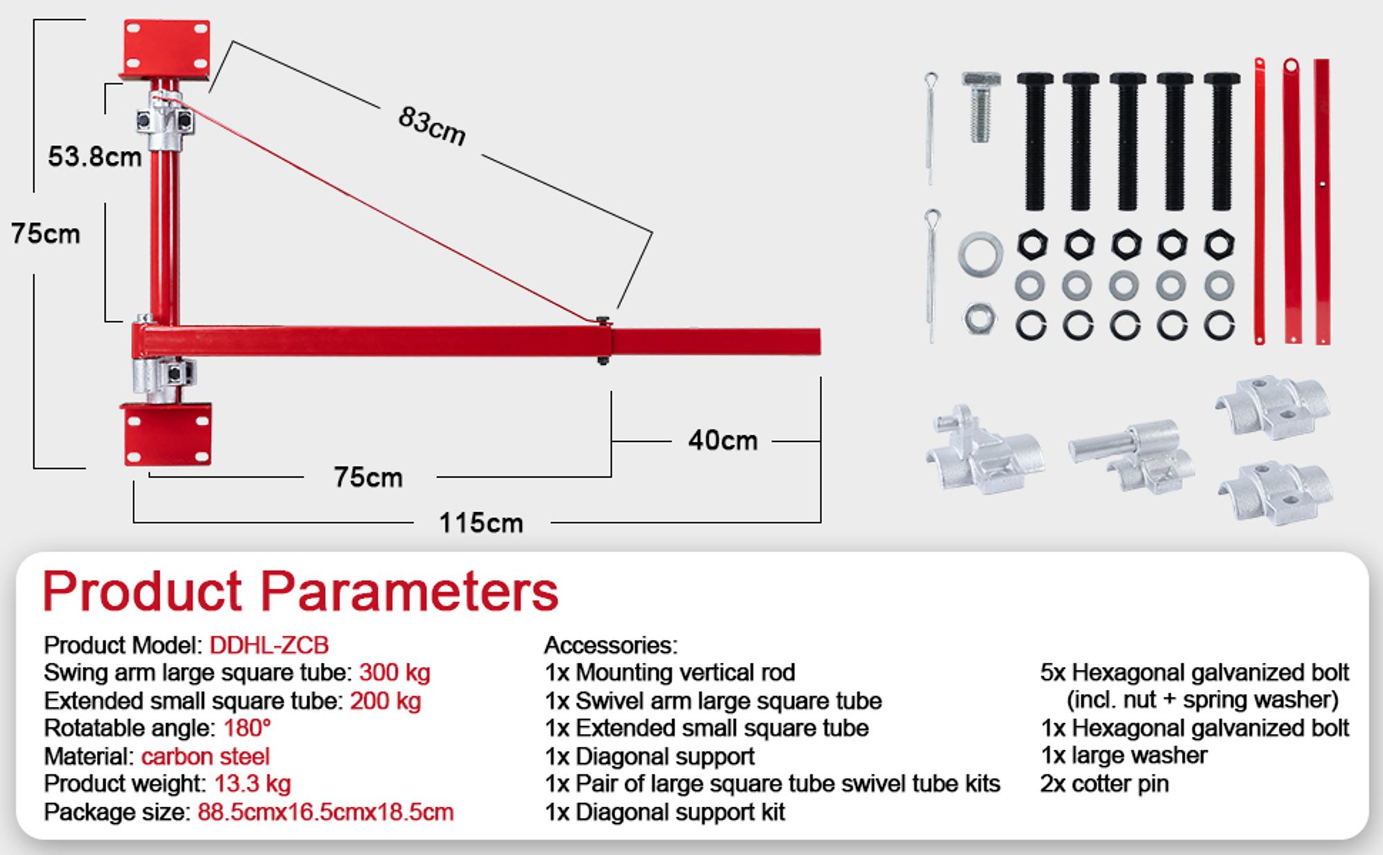 TEENO Elektrischer Hebezeug-Stützarm, Tragfähigkeit 200-800 kg, Seilwinde, schwenkbare Befestigung, Hebezubehör, Galgen, 180°-Hebezeug-Hebearm