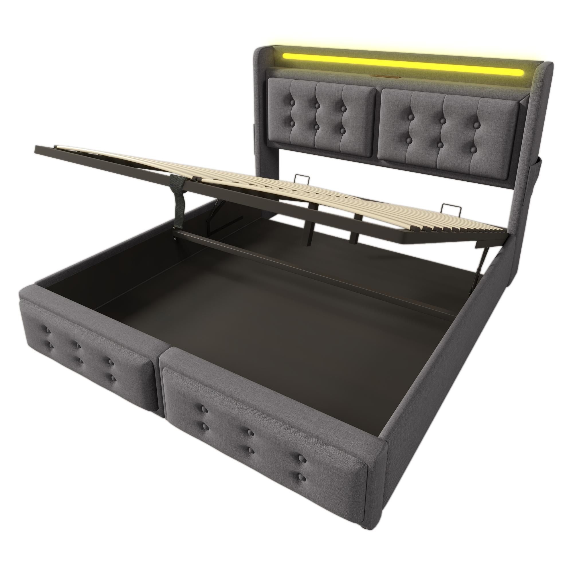 Flieks Polsterbett 180x200cm mit Ladefunktion, Doppelbett Jugendbett mit LED, Hydraulisches Stauraumbett Boxspringbett mit Lattenrost, Baumwolle, Grau