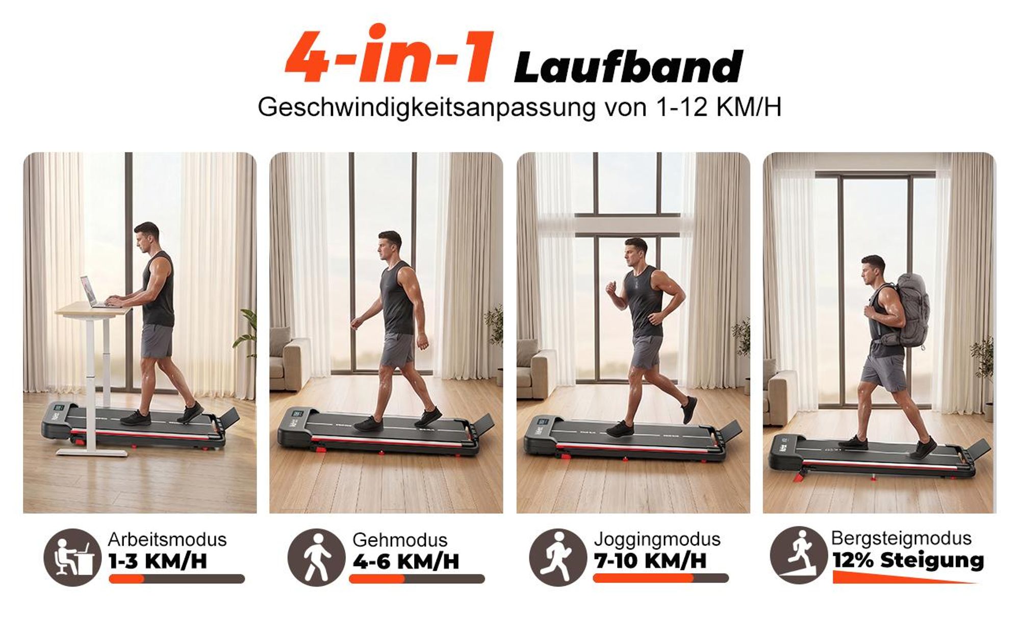 Laufband klappbar 4-in-1 mit 12% Steigung, 1–12 km/h, bis 120 kg, App-Anbindung und LED-Display, für Zuhause und Büro