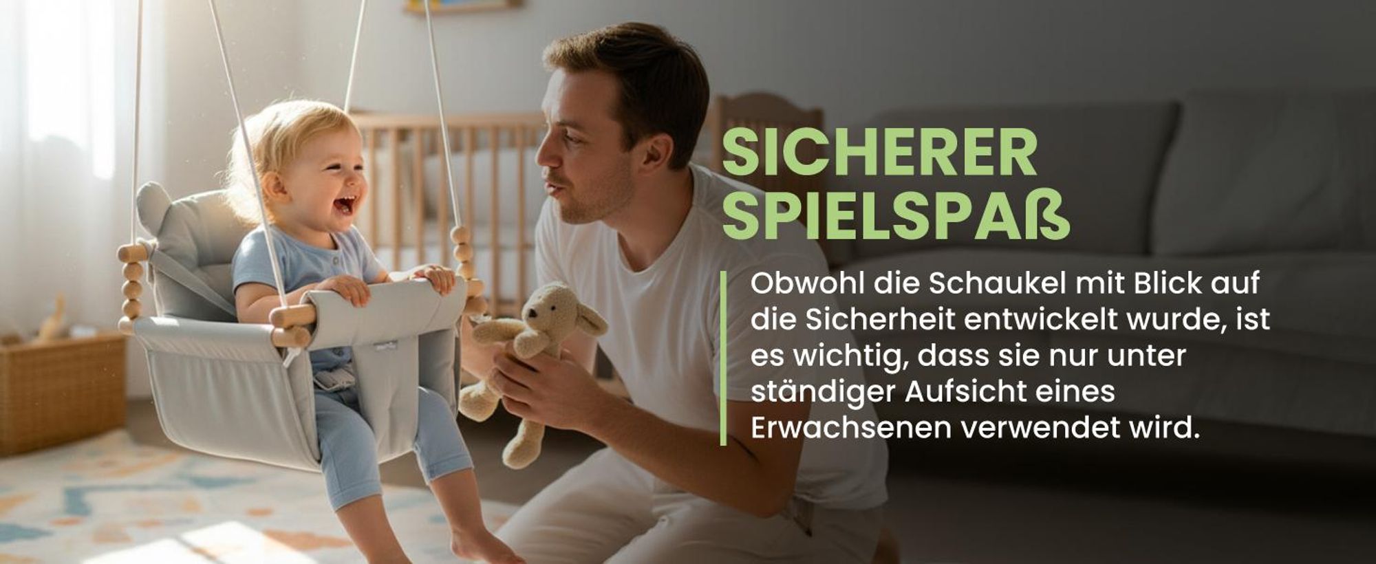 Graue Kinderschaukel Babyschaukel aus Baumwolle mit Kissen an Schnüren