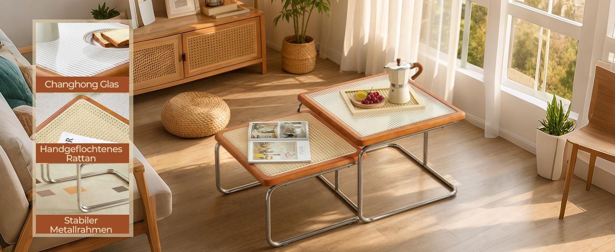 2er Set Couchtisch Beistelltisch 56 x 41 cm & 50 x 34 cm Wohnzimmertisch Sofatisch Kaffeetisch Metallrahme Karamellbraun