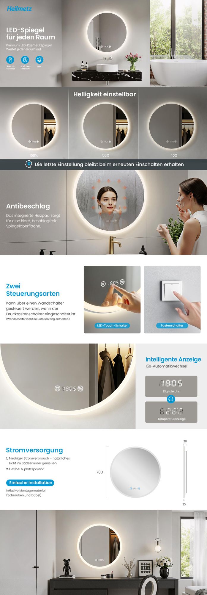 Heilmetz LED Badspiegel Rund 70 cm mit Beleuchtung, Badezimmerspiegel mit Uhr und Temperaturanzeige, Dimmbar, Anti-Beschlag, Touchschalter, 4300K