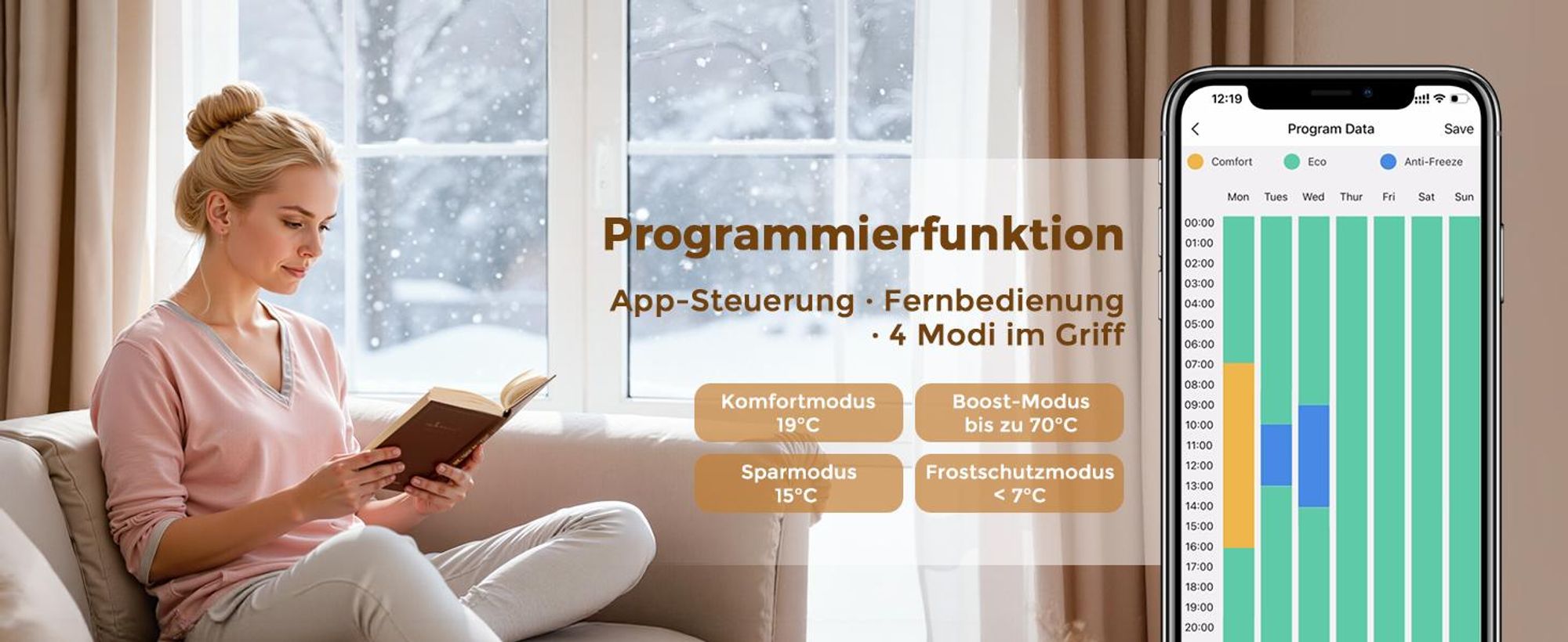 S’AFIELINA Heizstab mit Thermostat 300W, programmierbarer Timer & LCD-Anzeige, WiFi, für Badheizkörper, Edelstahl, intelligente Steuerung, Weiß