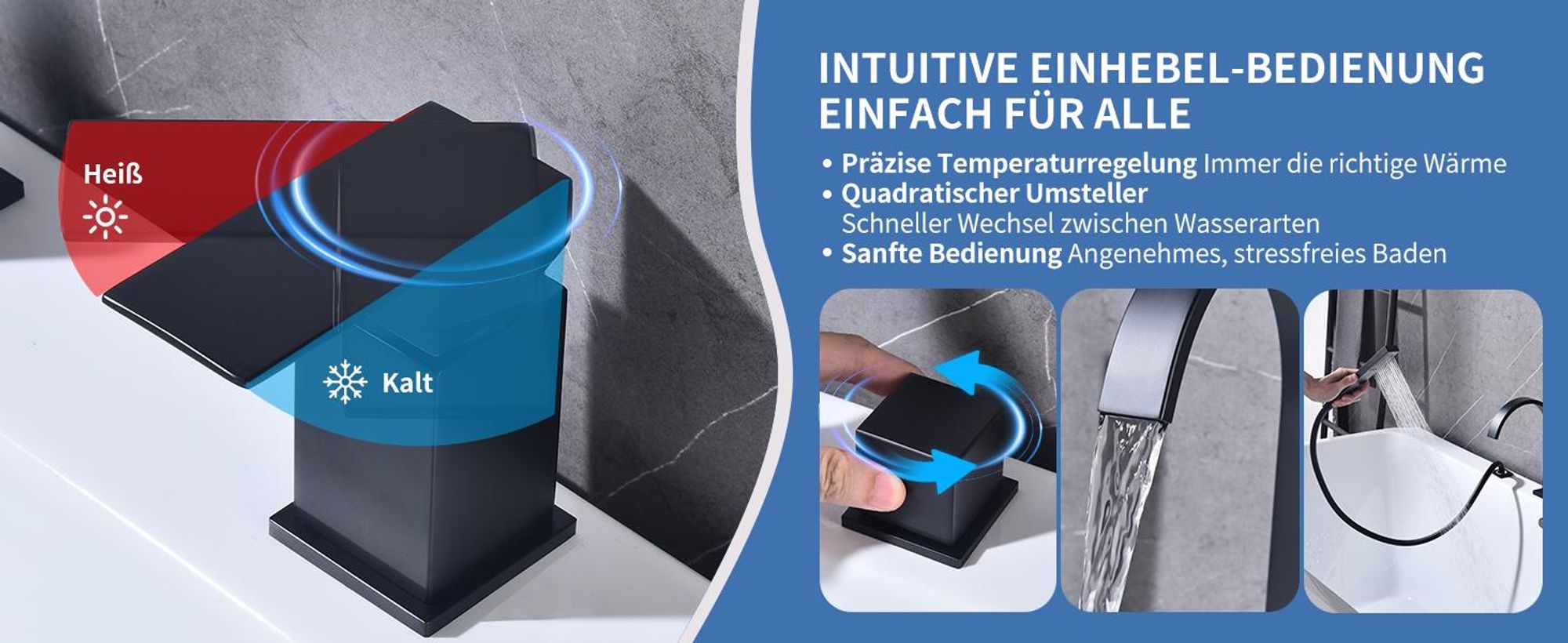 Homelody Badewannenarmatur 4 Loch Schwarz, Badewanne wasserhahn Duschset mit Armatur Handbrause Wasserfall Wannenarmatur