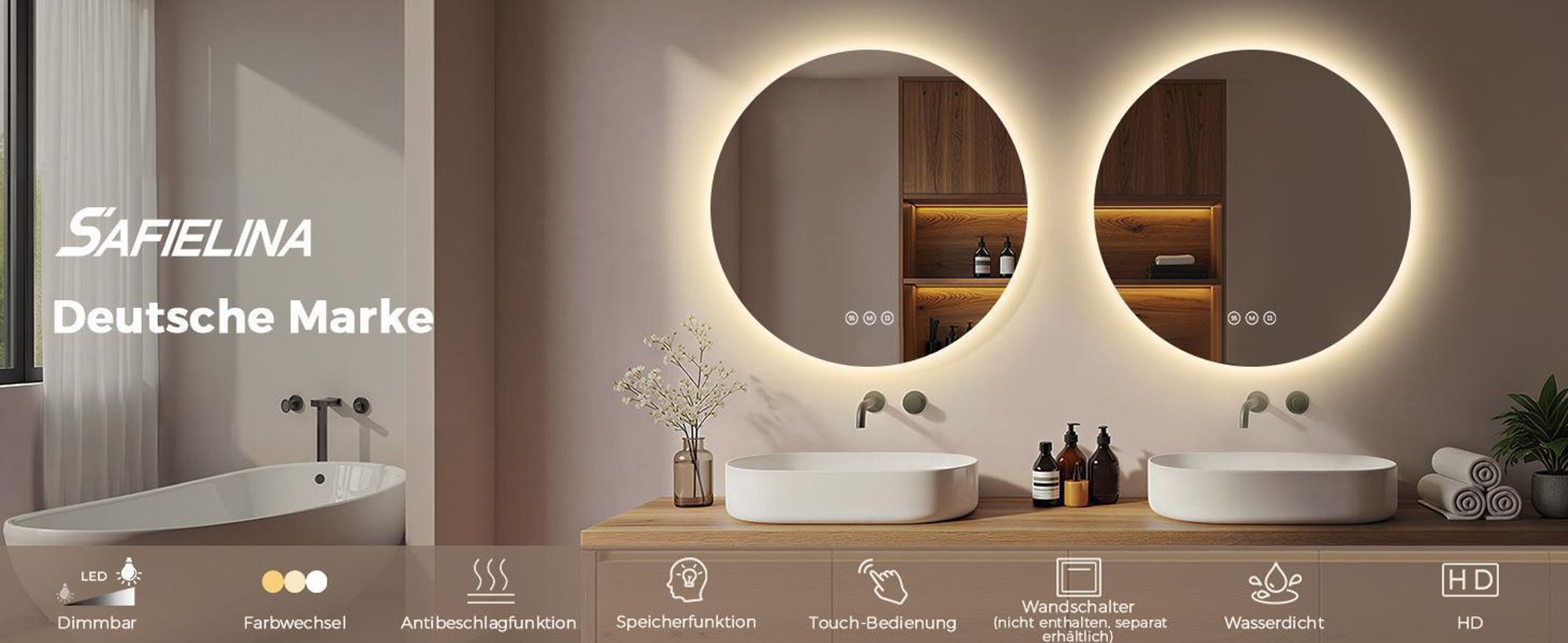 S'AFIELINA Badspiegel Rund 50 cm mit Beleuchtung, LED Badezimmerspiegel, dimmbar, 3 Lichtfarben, Antibeschlag, Touch, Speicherfunktion