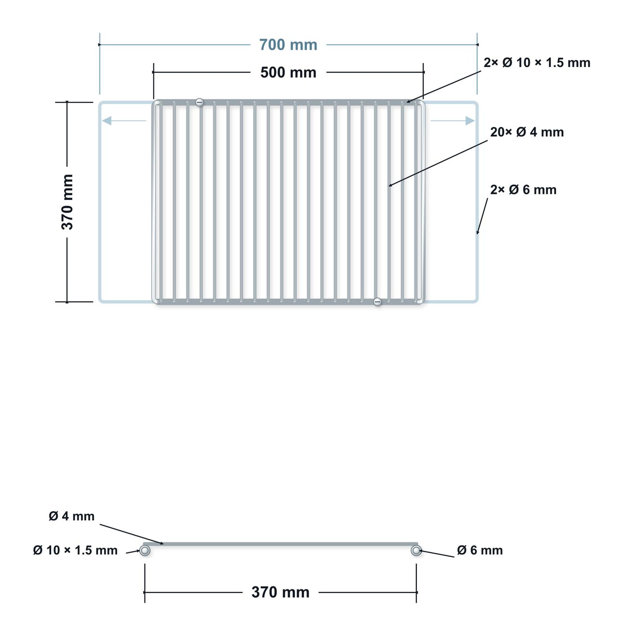 Griglia regolabile in acciaio inox 50–70 × 37 cm senza manici – disegno tecnico