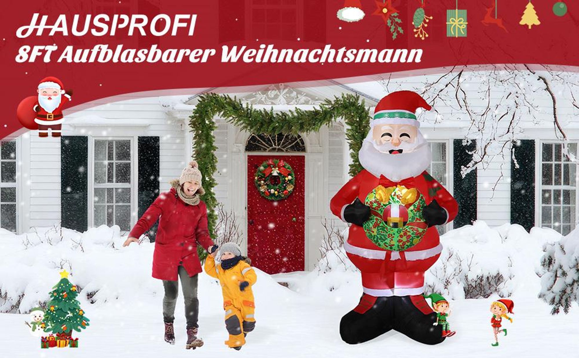 Aufblasbarer Weihnachtsmann 150cm mit Kranz LED Beleuchtung IP44 Außen Weihnachtsdeko Santa Nikolaus Weihnachtsfigur Garten Deko Christmas