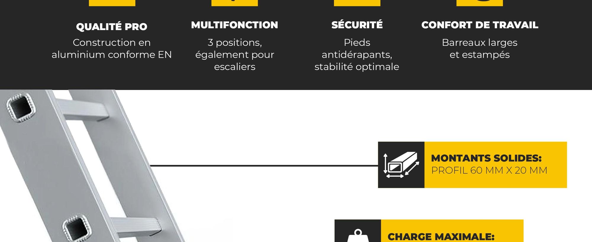 DRABEST | Echelle - Série PRO - Echelle aluminium multi-usages 3 plans - Echelle industrielle 3 x 7 marches - Hauteur de travail 5 m - jusqu'à 150 kg