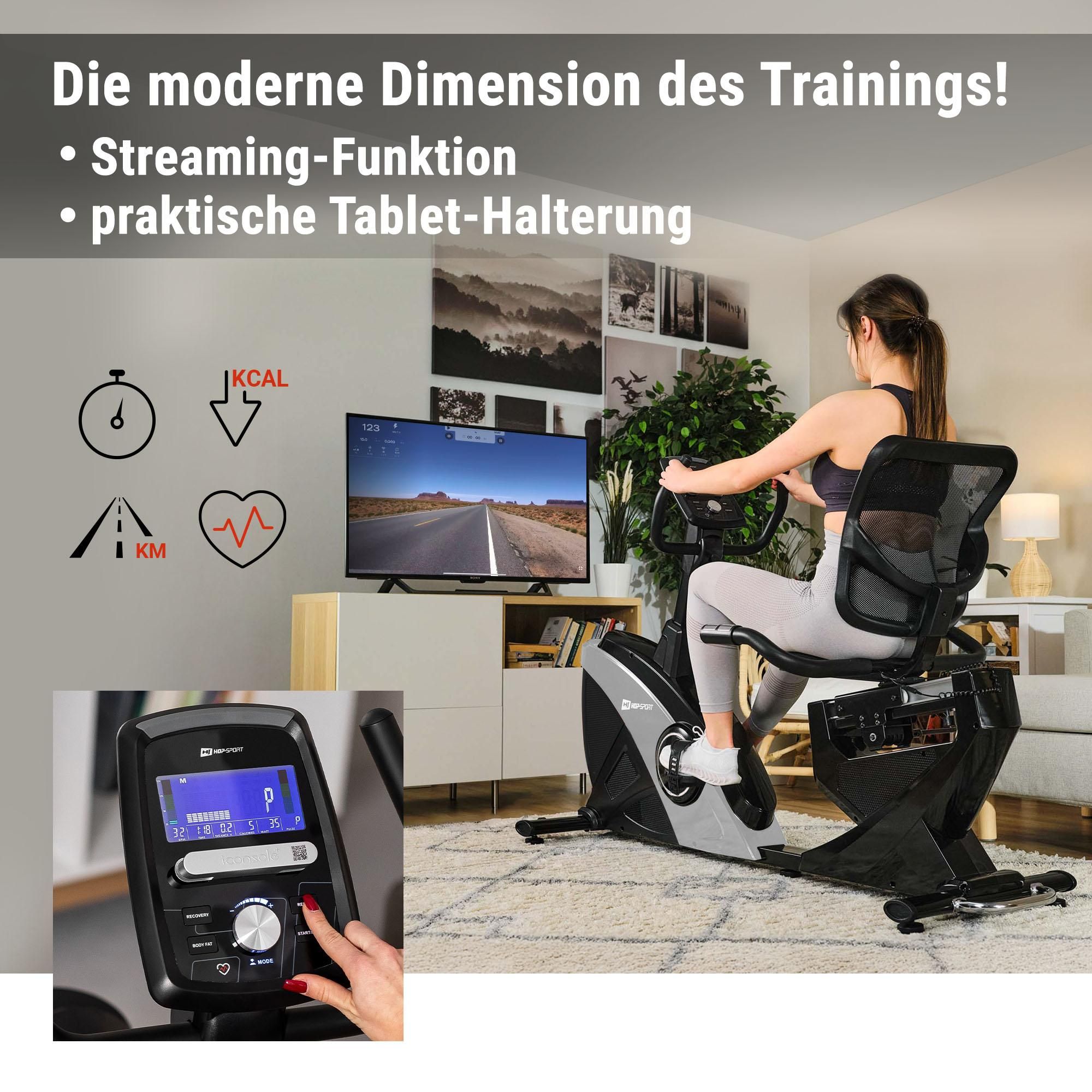 HOP SPORT® Liegeergometer für Zuhause mit 16 verstellbaren Widerstandsstufen, Leise Liegerad Heimtrainer mit Smart Bluetooth APP, Großer Bequemer Sitz