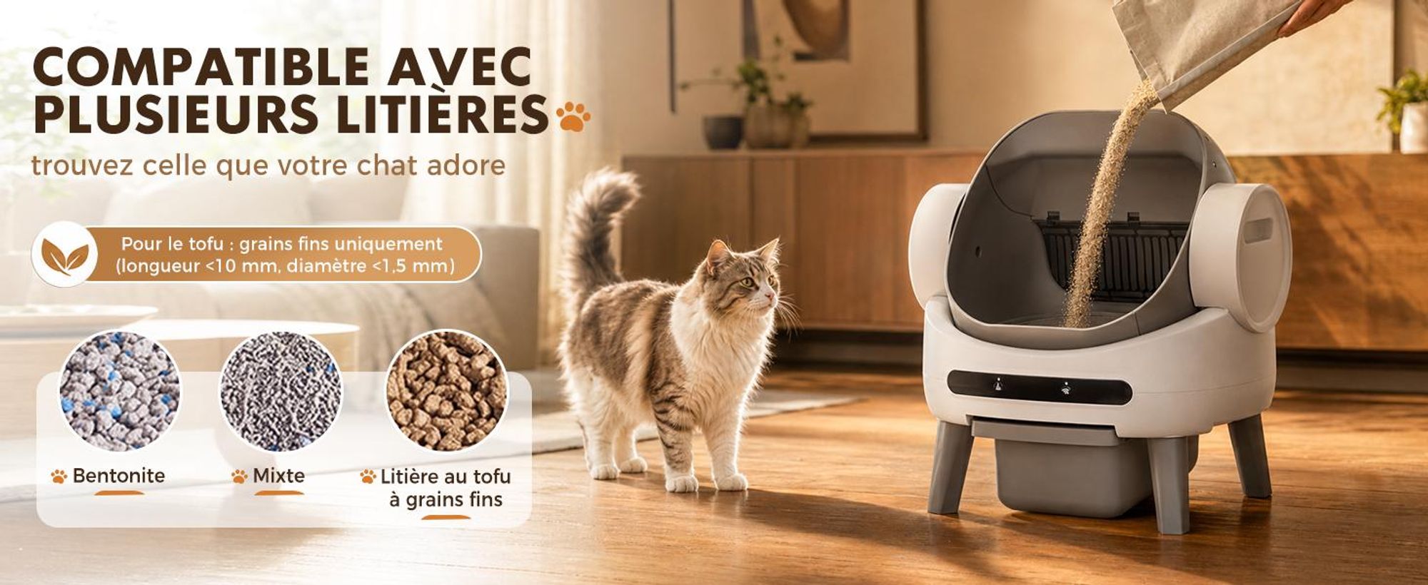 Litière automatique pour chat GTPLAYER, avec système autonettoyant, bac à déchets de 10 litres, contrôle via application avec écran et fonction anti-encrassement, compatible avec tous les types de litière