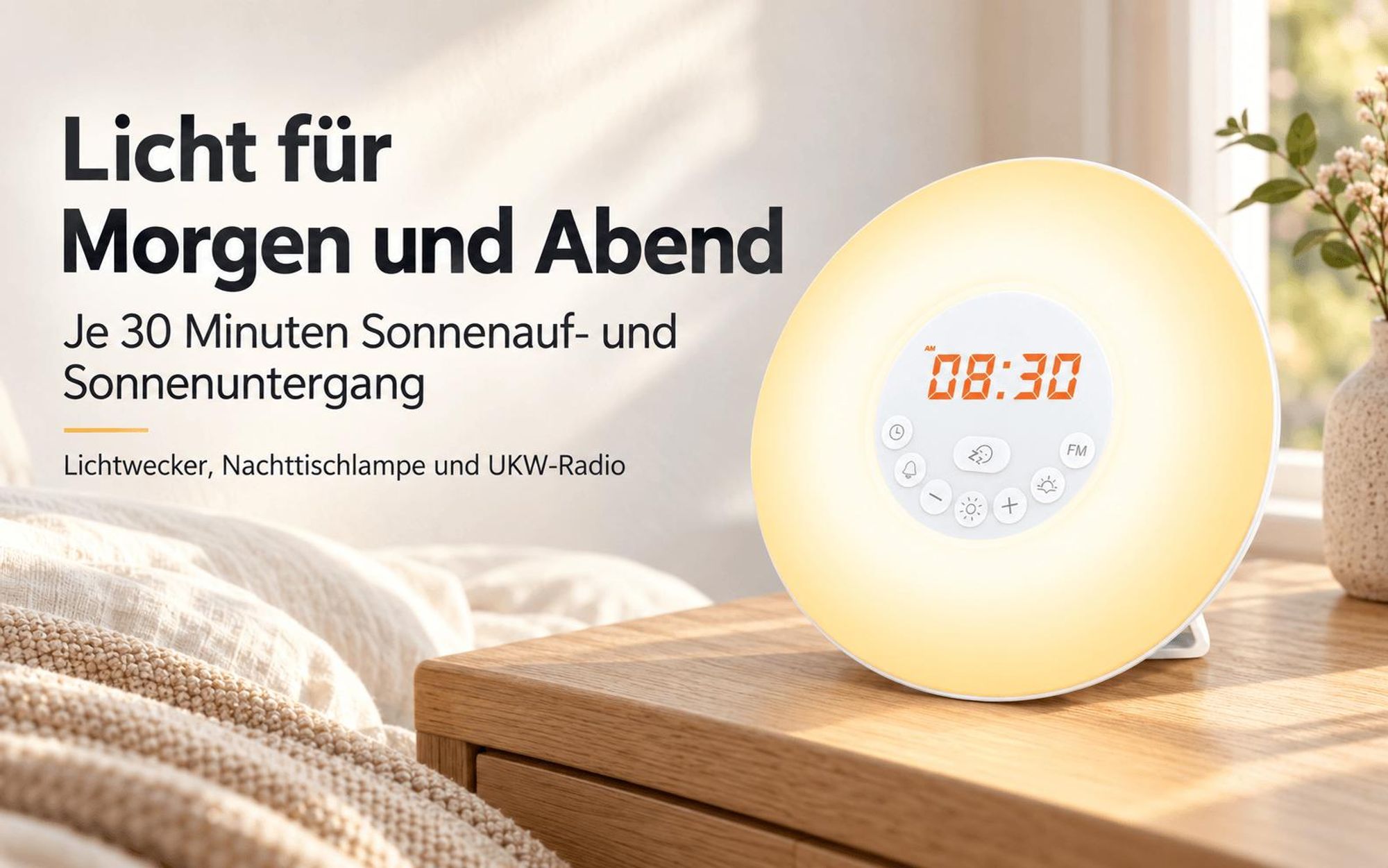 Lichtwecker mit 30-Minuten-Sonnenaufgang, FM-Radio, 6 Wecktöne, 7 Lichtfarben, 10 Helligkeitsstufen, Sonnenuntergang