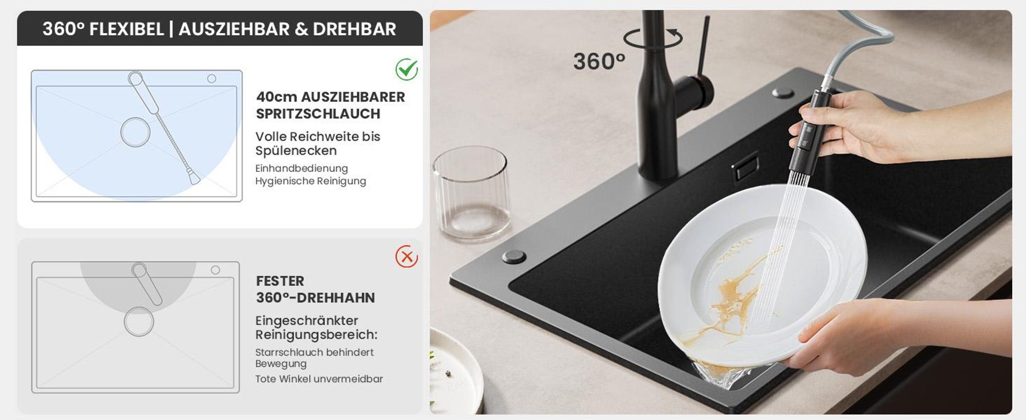 Küchenarmatur Edelstahl 304 Schwarz gebürstet Hochbogen mit 400mm Ausziehschlauch 360° drehbar 2 Wasserstrahlmodi metallfreier Wasserweg
