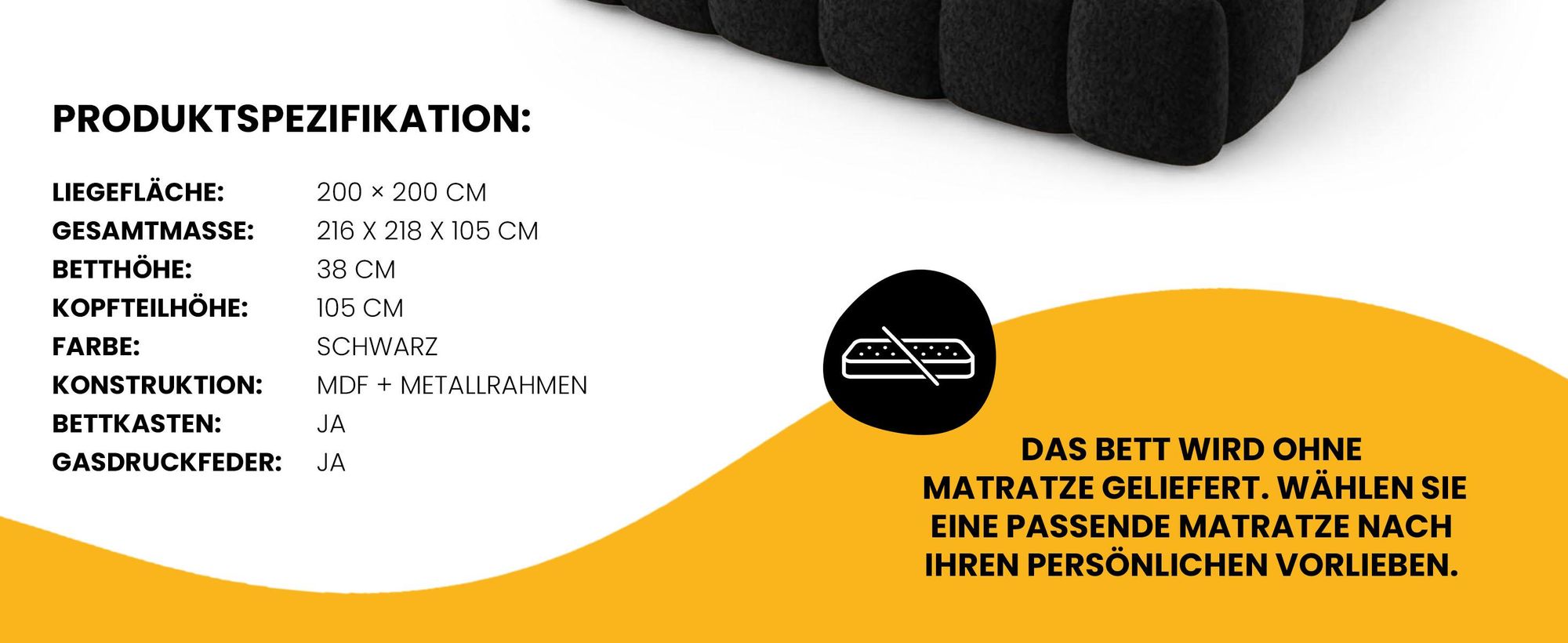 Polsterbett 200x200 cm Schwarz – Doppelbett mit Bettkasten aus Bouclé-Stoff (Quelle 100)