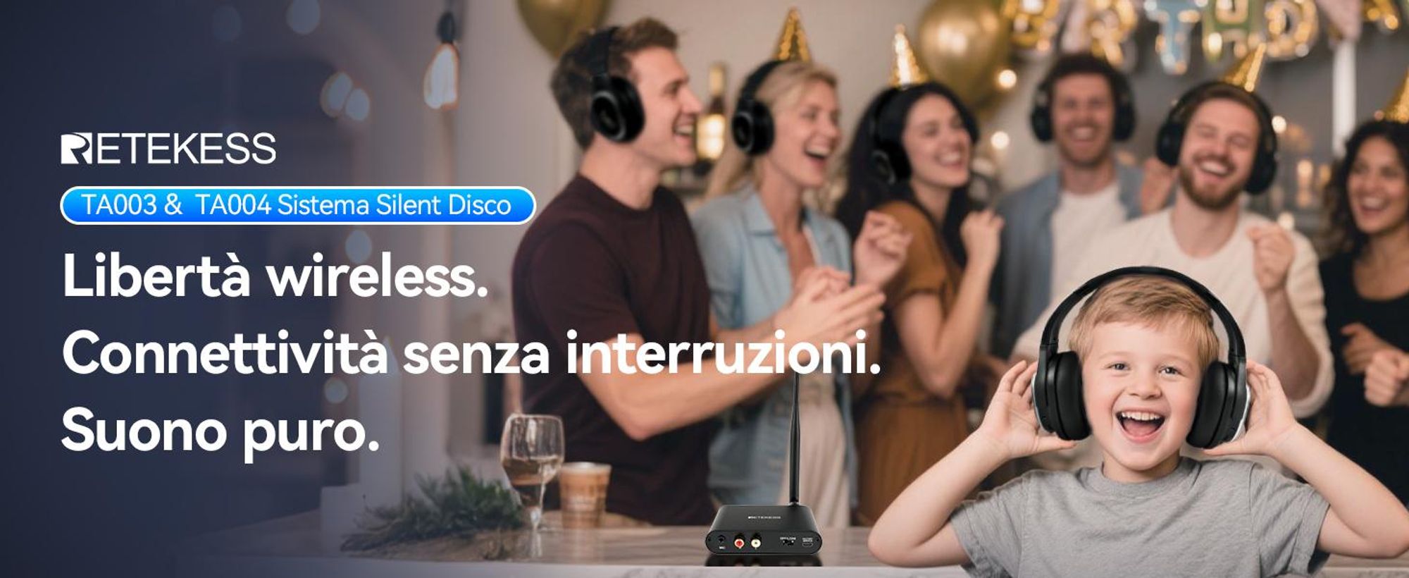 Retekess TA004 Silent Disco Starter Kit, cuffie wireless per TV, 3 canali, portata di 200 m, set di cuffie per feste, palestra, yoga