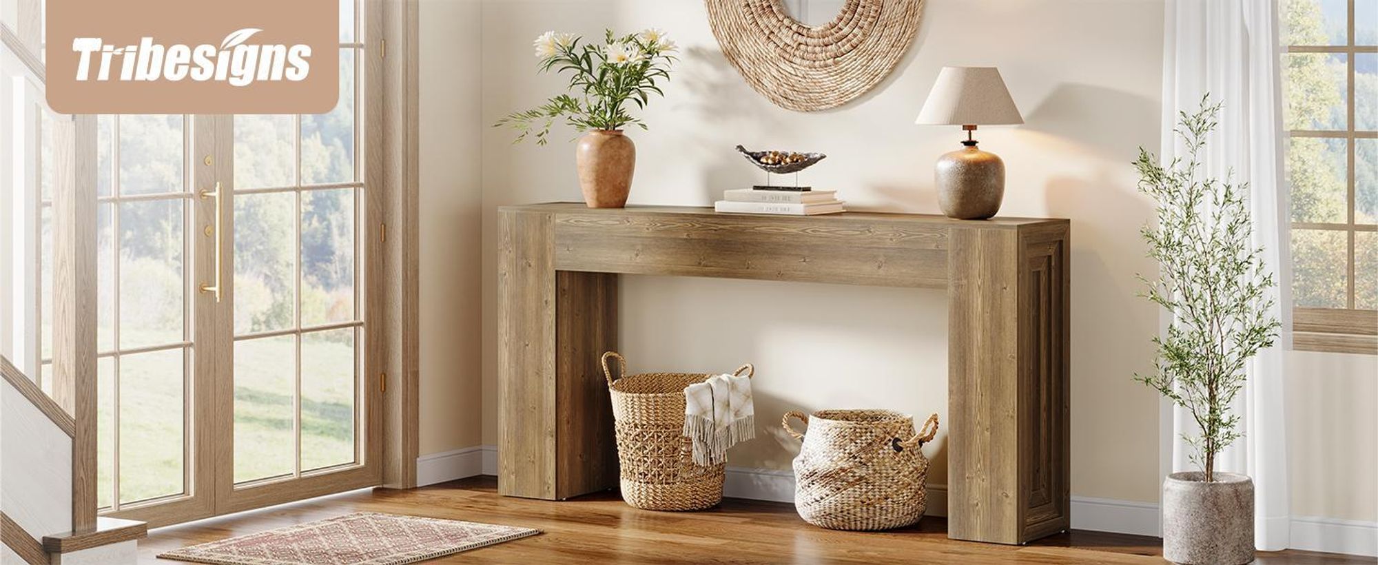 Tribesigns Konsolentisch, 160 cm schmaler Sofatisch im Landhausstil hinter der Couch für Wohnzimmer, Eingangsbereich, Flur, Foyer, Naturbraun