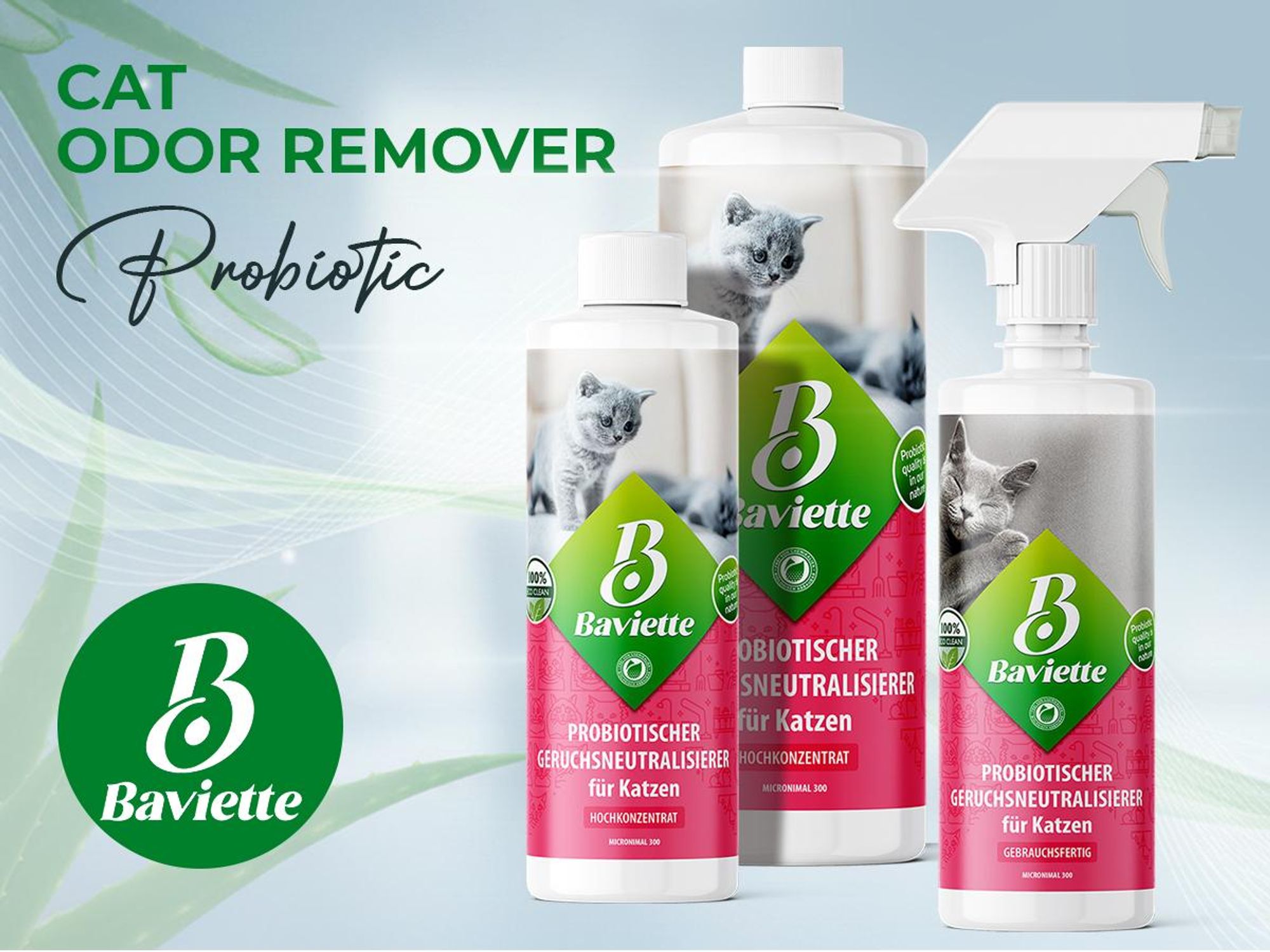 Baviette Geruchsentferner Katze 500 ml Konzentrat – Geruchsneutralisierer mit Mikroorganismen für Katzenklo, Teppich, Möbel & Auto